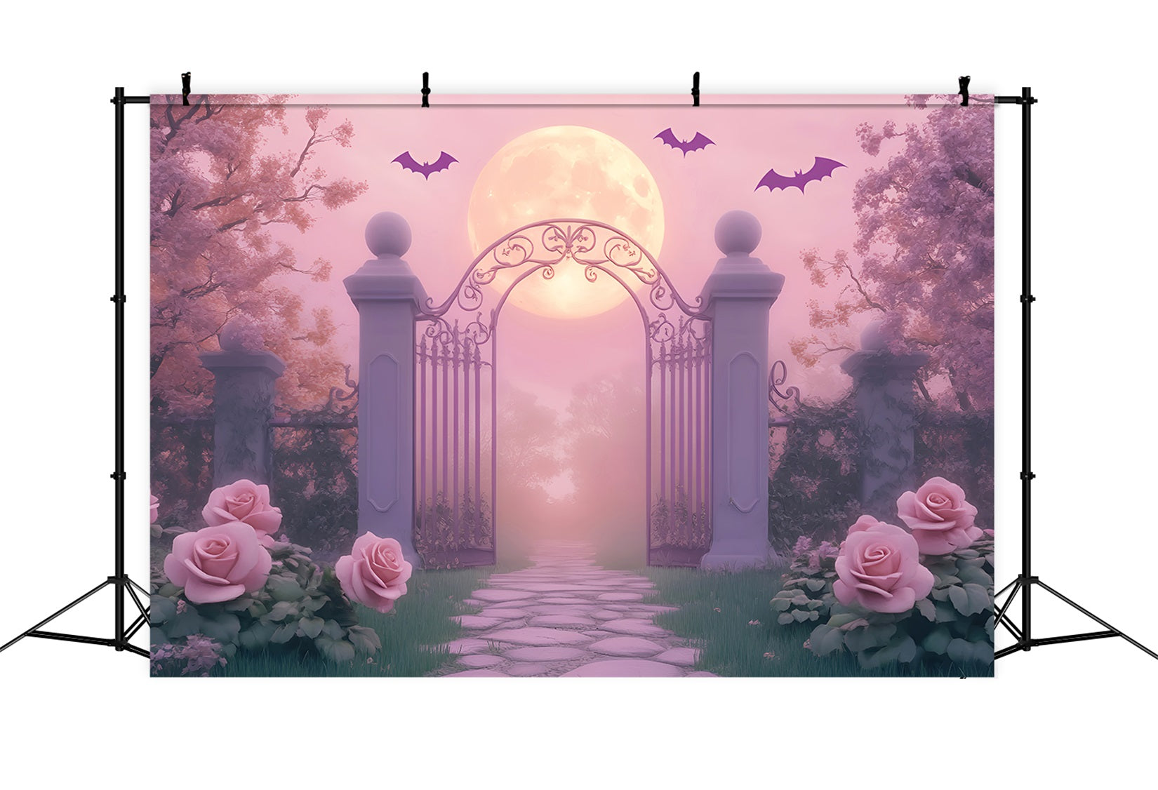 Spinnen Fotohintergrund Mondbeschienener Gartentor Rosen Halloween-Fotohintergrund LXX59-93