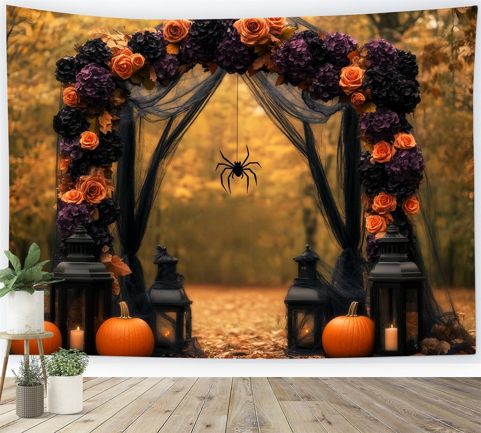 Spinnen Fotohintergrund Herbstlicher Blumenbogen Kürbisse Laternen Halloween-Fotohintergrund LXX59-96