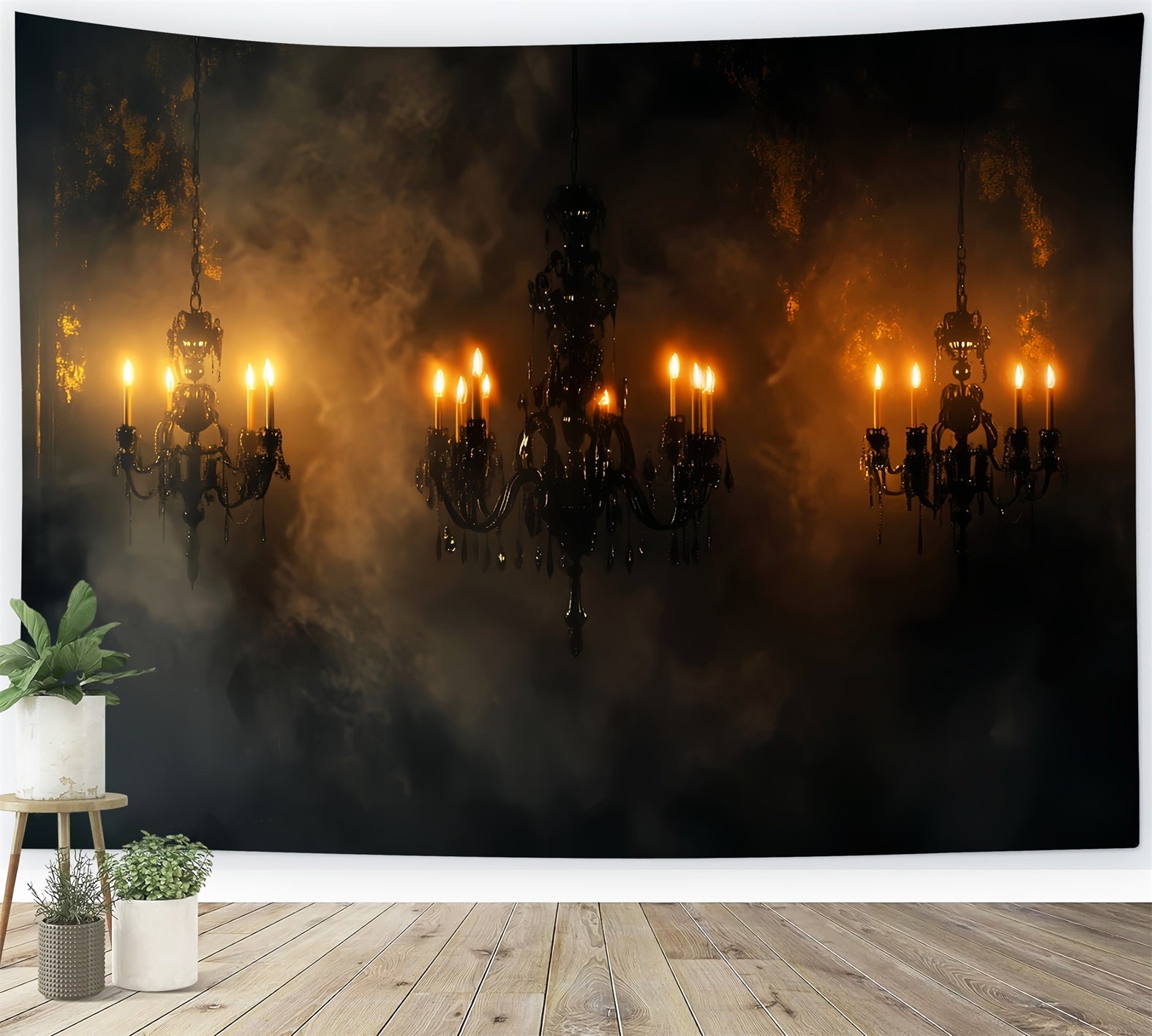 Gruseliger Fotohintergrund Dunkler Kronleuchter Nebel Rauch Glühen Halloween-WandFotohintergrund LXX59-98