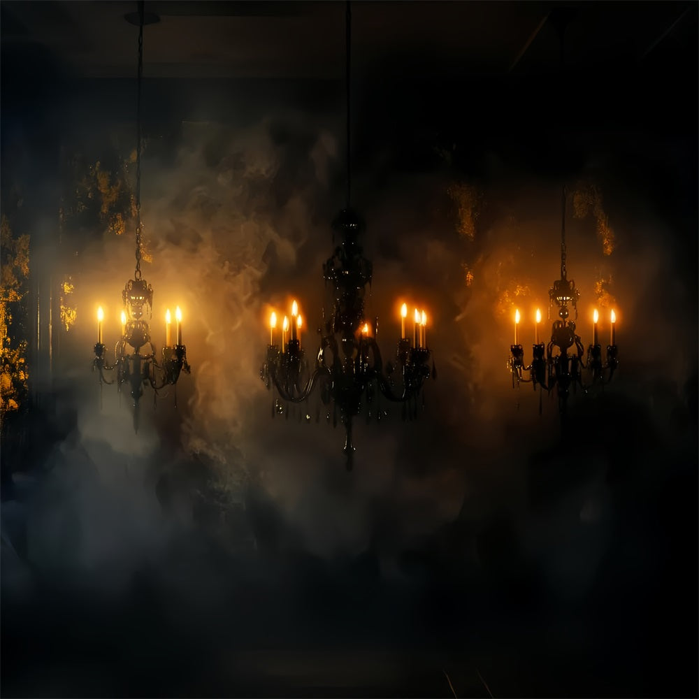Gruseliger Fotohintergrund Dunkler Kronleuchter Nebel Rauch Glühen Halloween-WandFotohintergrund LXX59-98