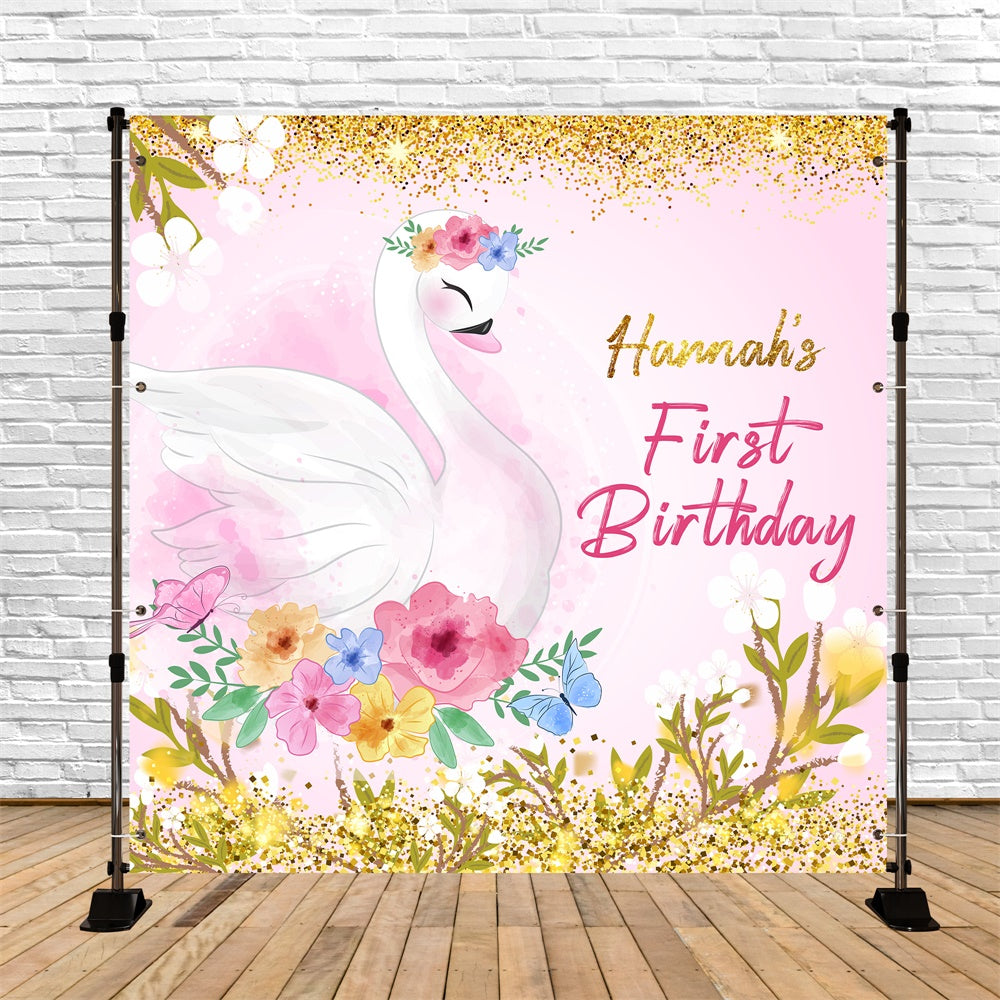 1st Birthday Backdrop Eleganter Schwan Floral Personalisierte Backdrop LXX6-66