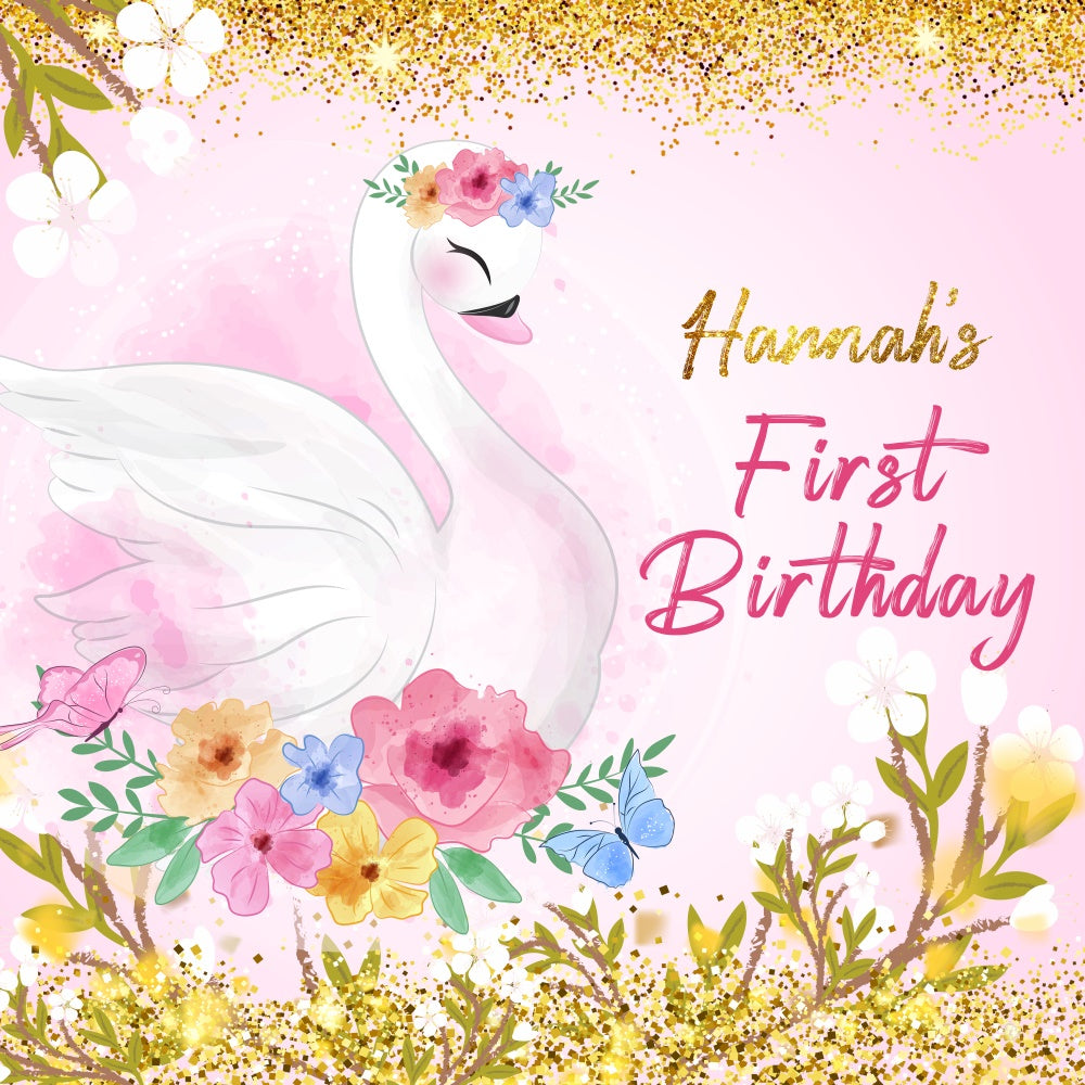 1st Birthday Backdrop Eleganter Schwan Floral Personalisierte Backdrop LXX6-66