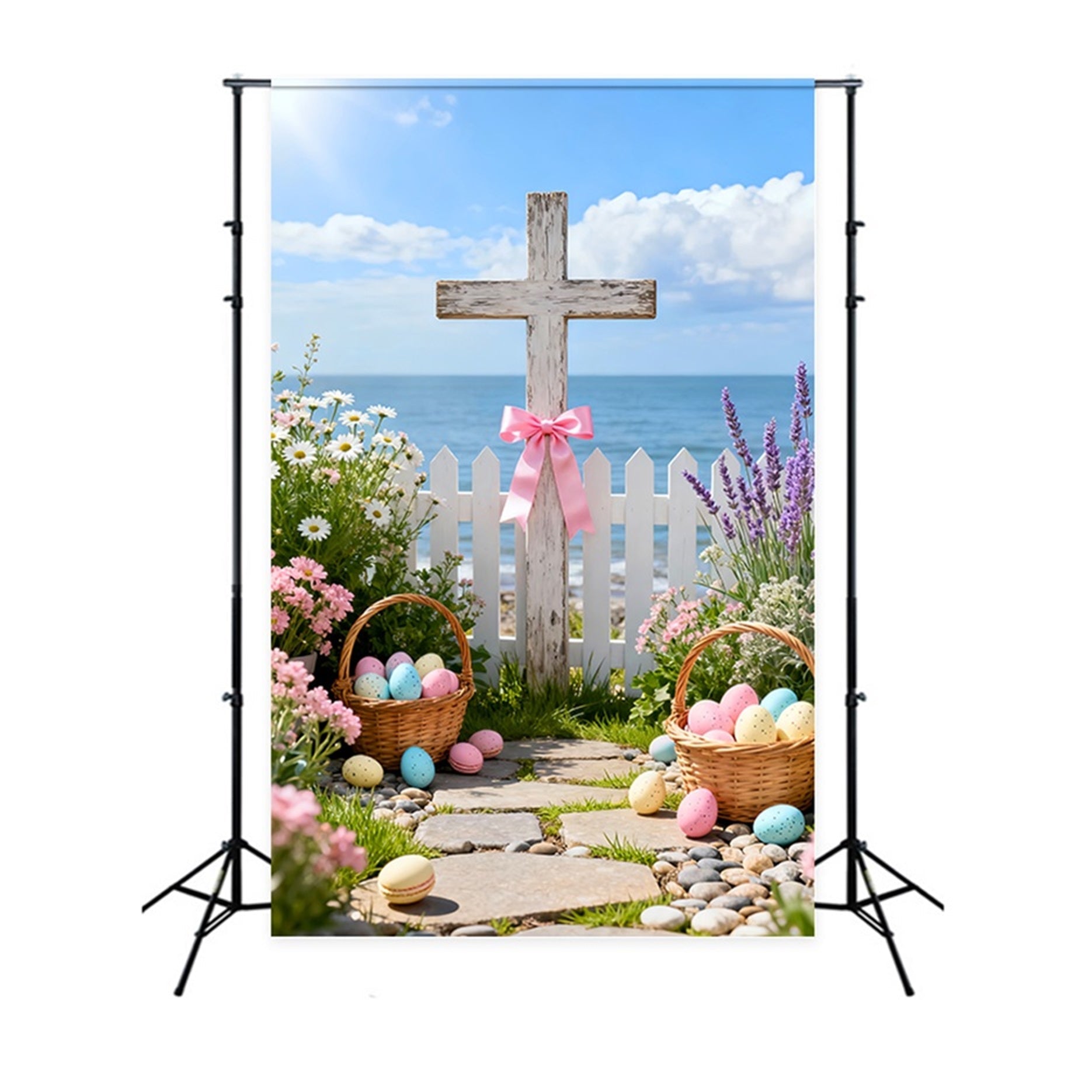 Kreuz-Hintergrund Wildblumenstrauß Eierkorb Oster-Hintergrund Fotografie LXX61-100