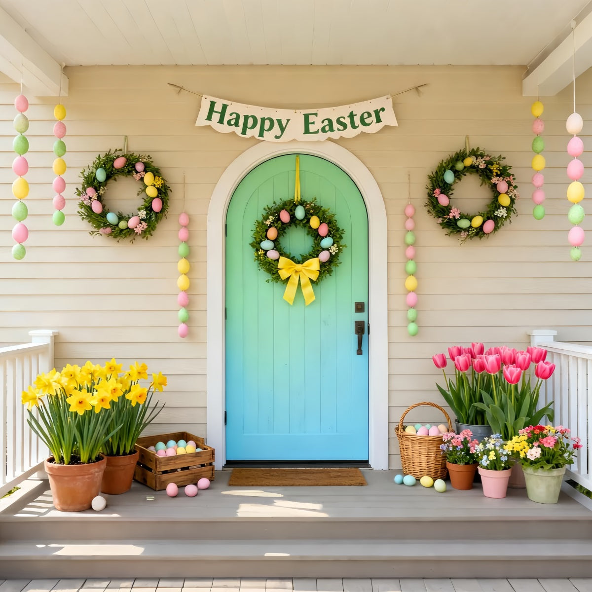 Frohe Ostern Hintergrund Minztür Pastellkranz Veranda Osterbild Hintergründe LXX61-103