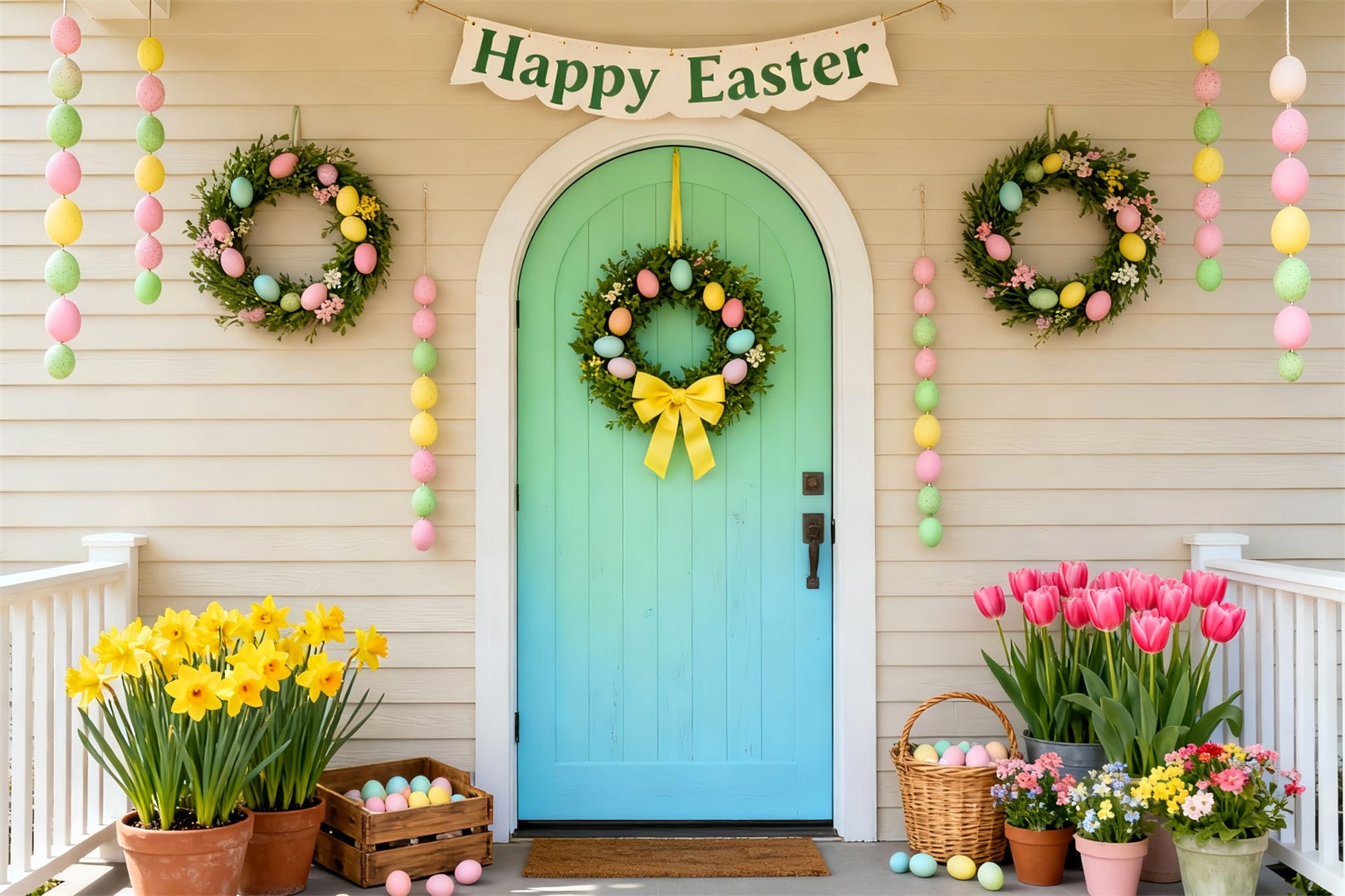 Frohe Ostern Hintergrund Minztür Pastellkranz Veranda Osterbild Hintergründe LXX61-103