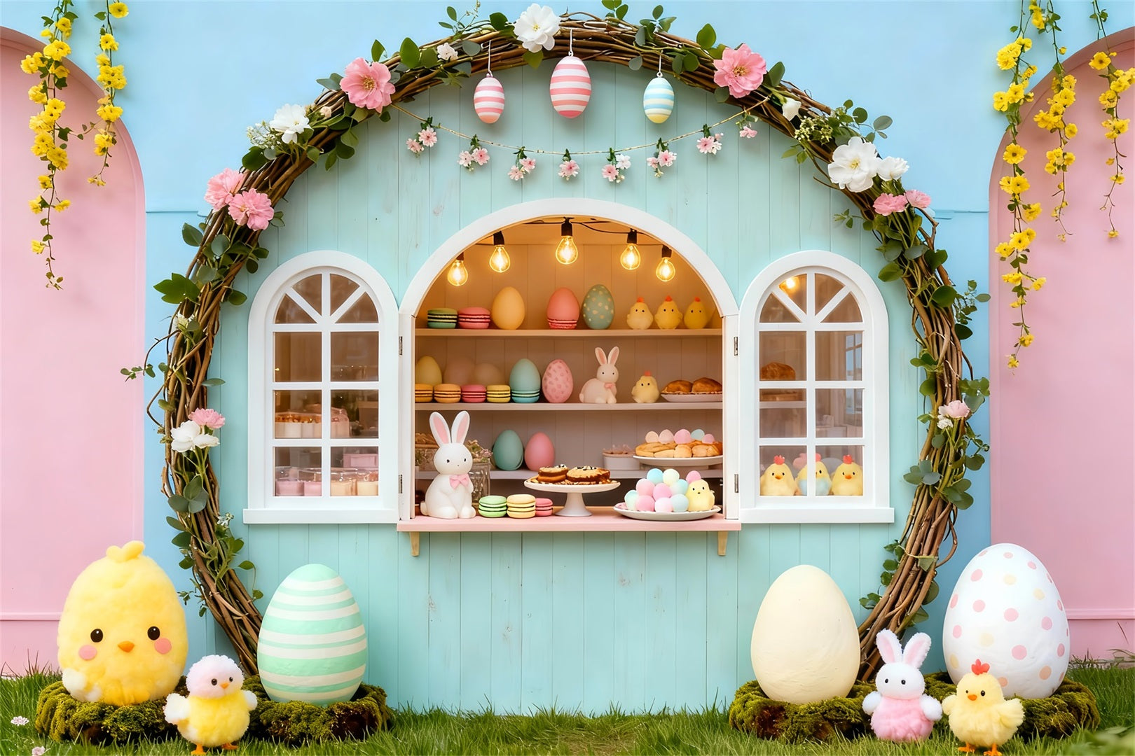 Marshmallow-Küken-Hintergrund Pastellfarbener Bogen Hasen-Bäckerei-Stand Ideen für Oster-Fotohintergründe LXX61-105