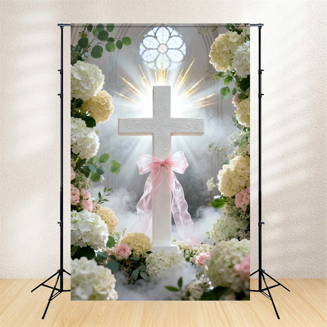 Kreuz und Lilien Hintergrund Kirchenfenster Rosa Schleifenblumen Frohe Ostern Hintergrund LXX61-108