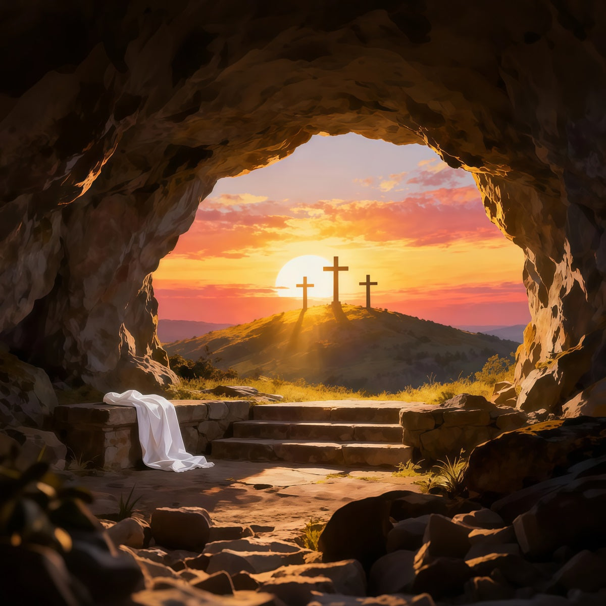 Religiöser Osterhintergrund „Er ist auferstanden“ Leeres Grab Osterhintergrund für Fotos LXX61-137