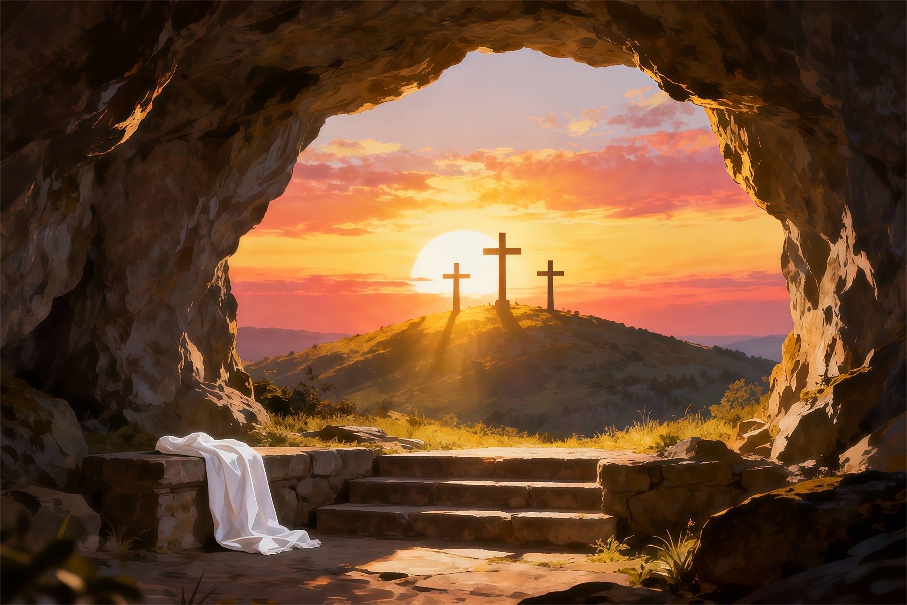 Religiöser Osterhintergrund „Er ist auferstanden“ Leeres Grab Osterhintergrund für Fotos LXX61-137