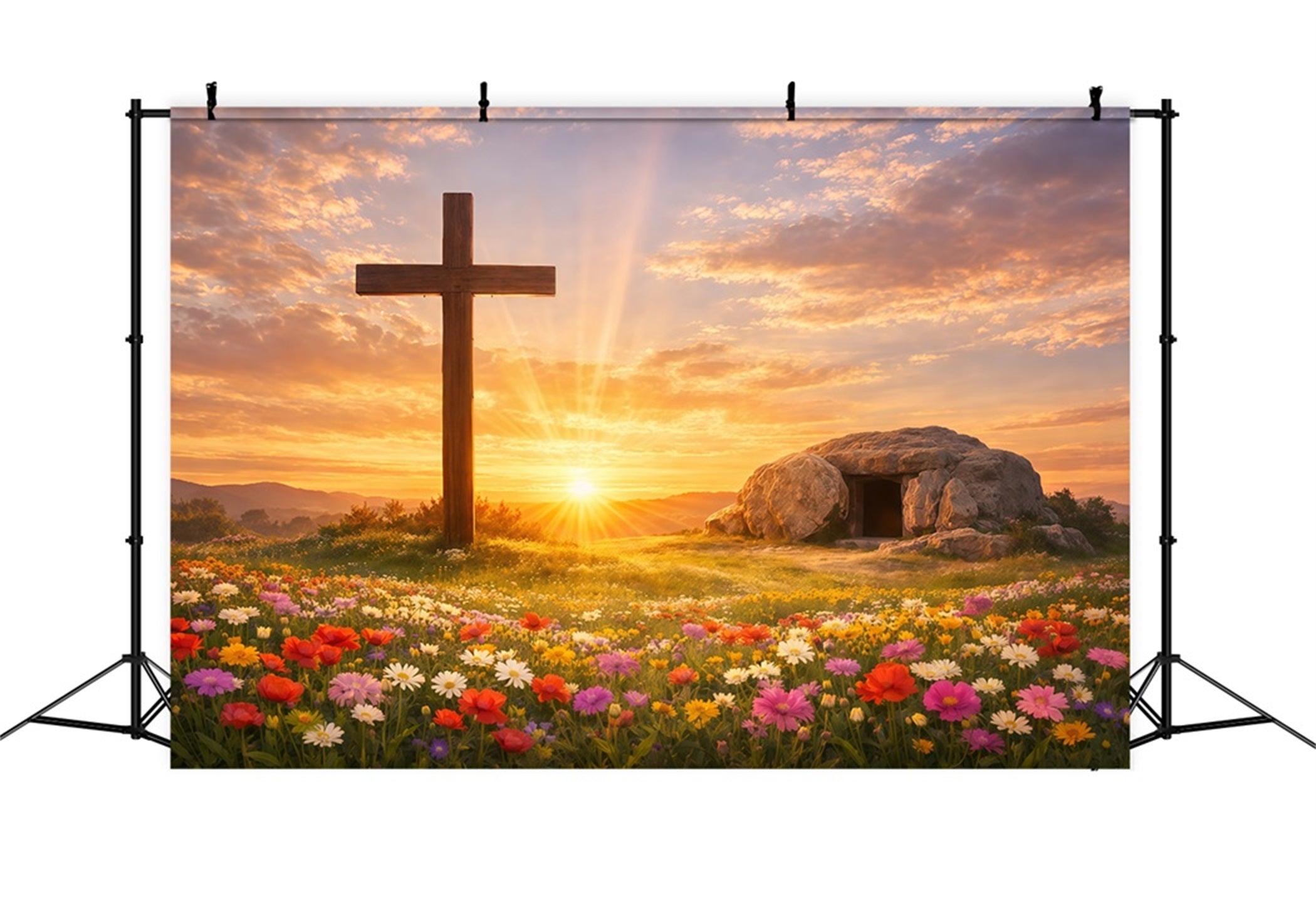 Er ist auferstanden Hintergrund Kreuz Grab Blumenfeld Ostern Fotografie Hintergründe LXX61-141