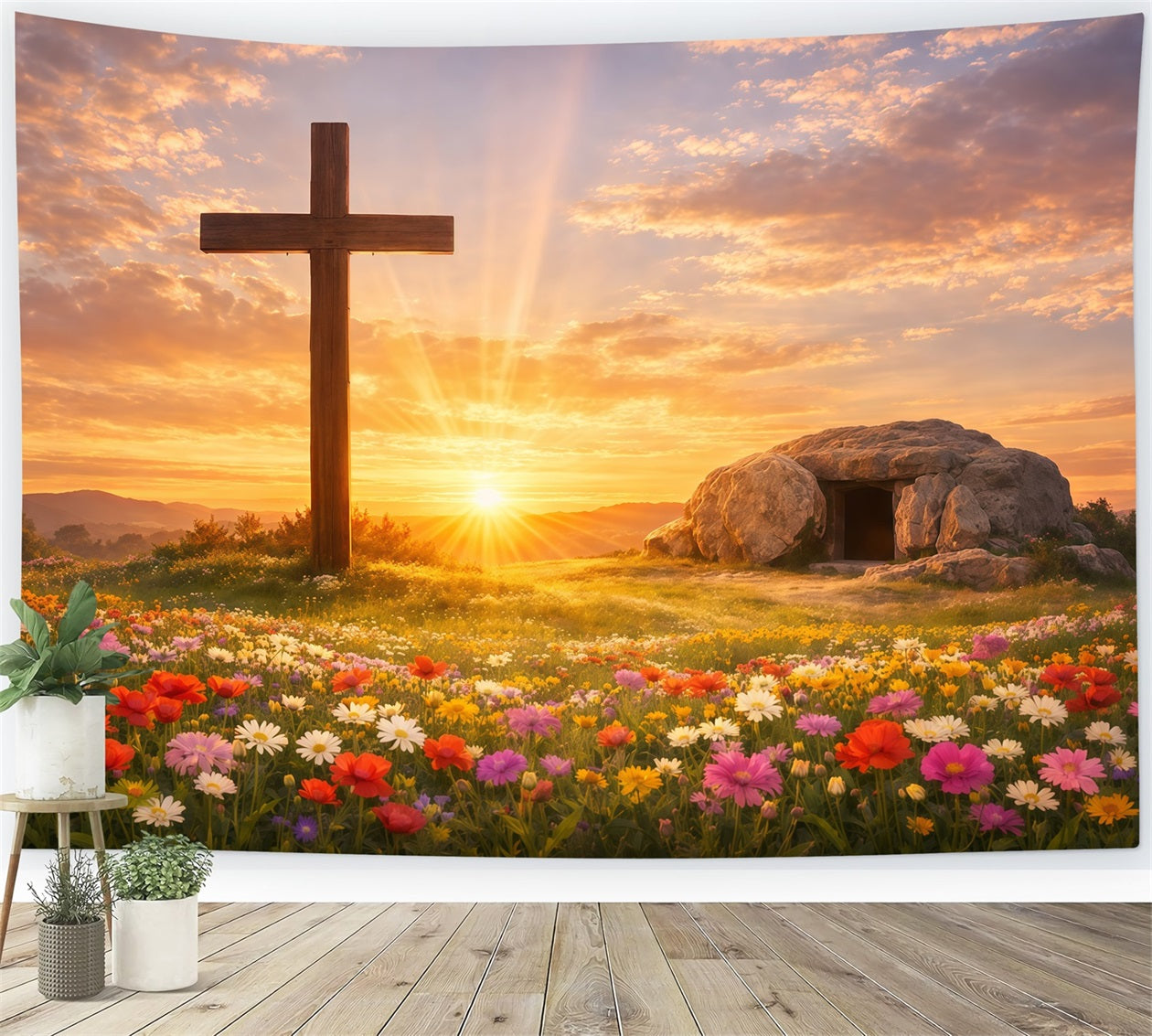 Er ist auferstanden Hintergrund Kreuz Grab Blumenfeld Ostern Fotografie Hintergründe LXX61-141