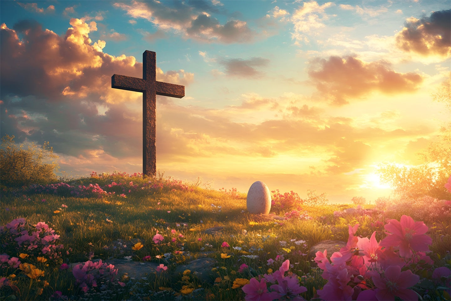 Christlicher Ostern Hintergrund Er ist auferstanden Kreuz Wiese Ostern Hintergrund für Fotografie LXX61-142