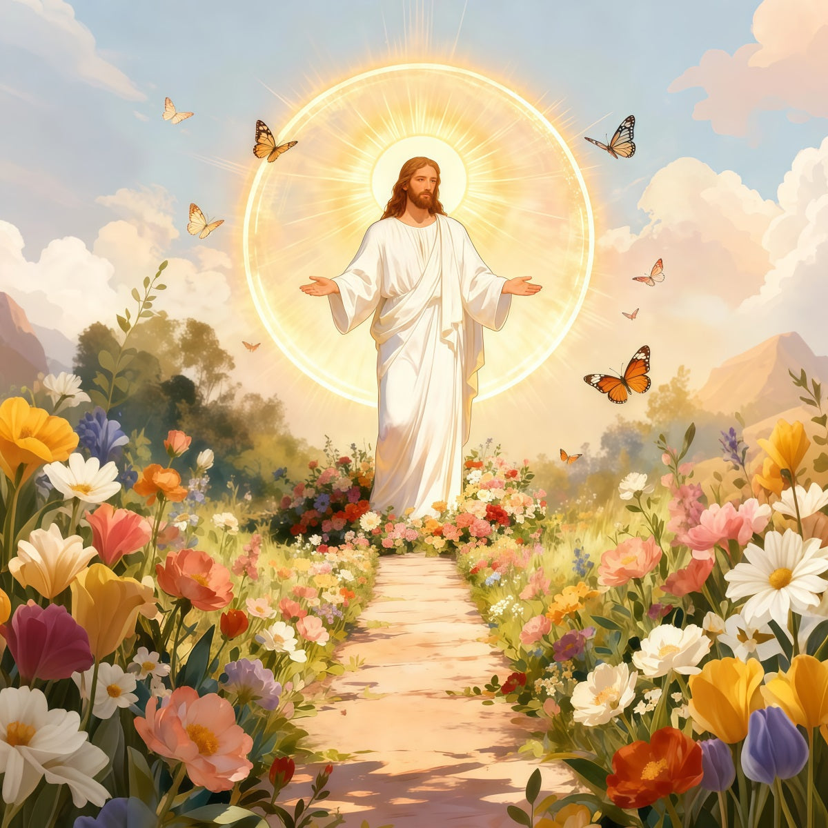 Christlicher Oster-Hintergrund Er ist auferstanden Schmetterlingsblüte Oster-Fotohintergründe LXX61-147