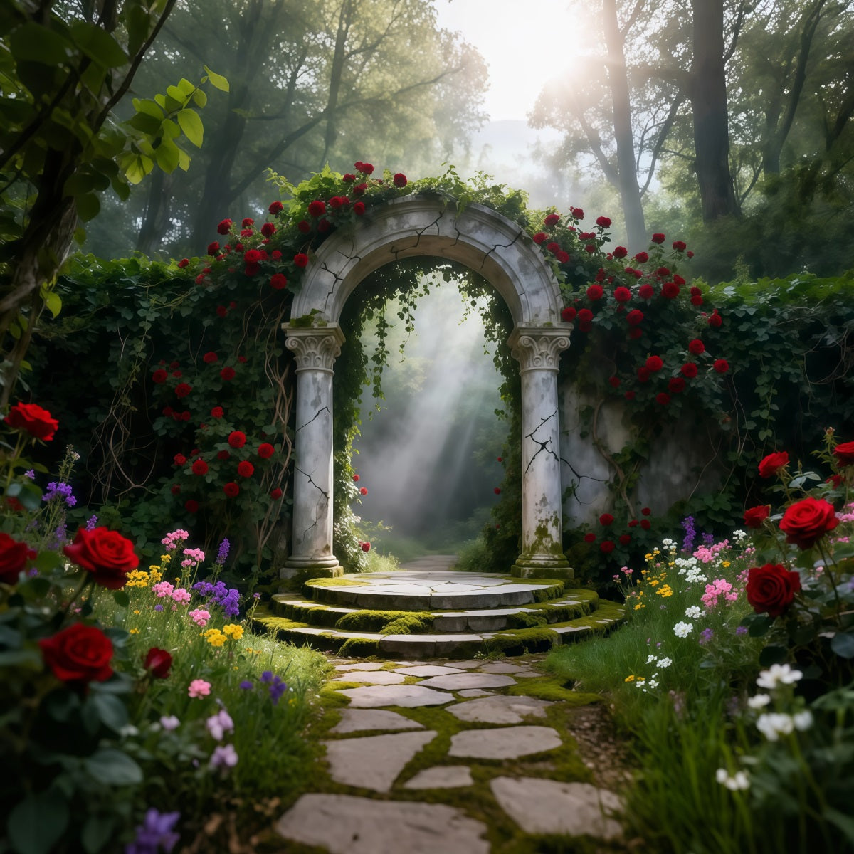 Verzauberter Garten-Hintergrund Rosengarten Steinbogen Licht Frühlingshintergründe LXX61-155