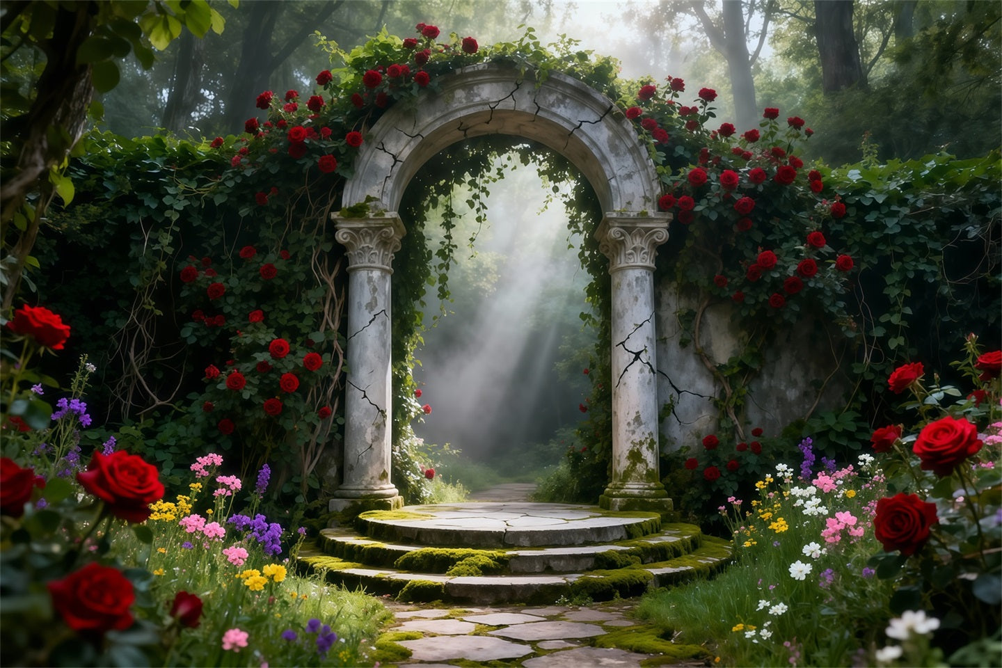 Verzauberter Garten-Hintergrund Rosengarten Steinbogen Licht Frühlingshintergründe LXX61-155