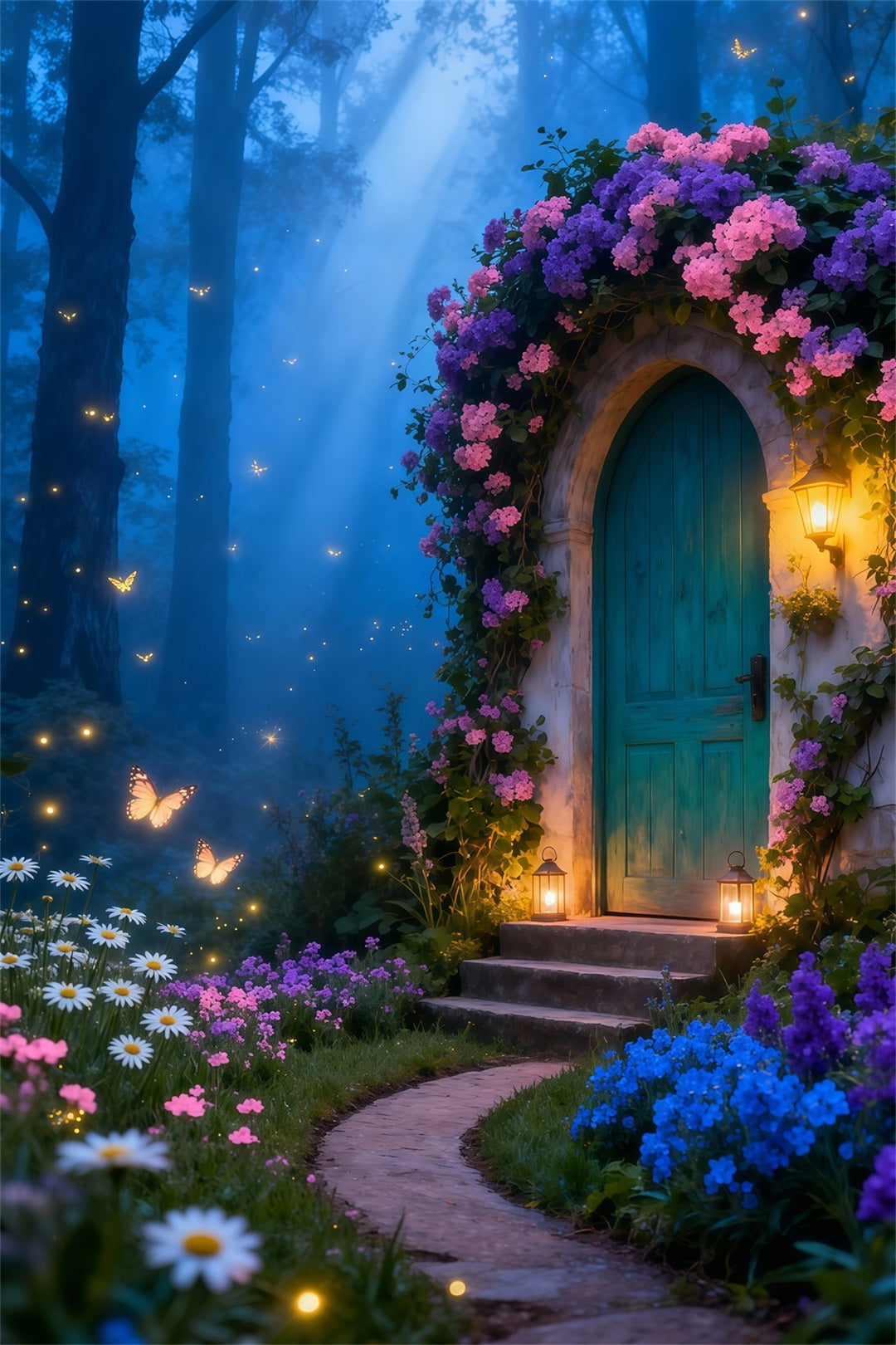 Schmetterlingshintergrund für Fotoshootings Verzauberte Hütte Laternenlicht Frühlingsfotografie-Hintergründe LXX61-159