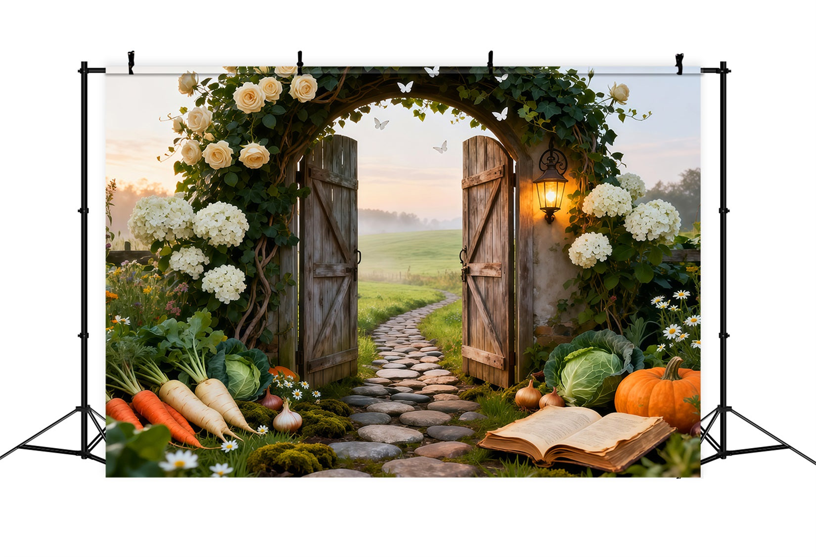 Gartenhintergrund für Fotoshootings Rustikales Bauernhoftor Sonnenaufgang Wiese Frühlingshintergrund für Fotos LXX61-164