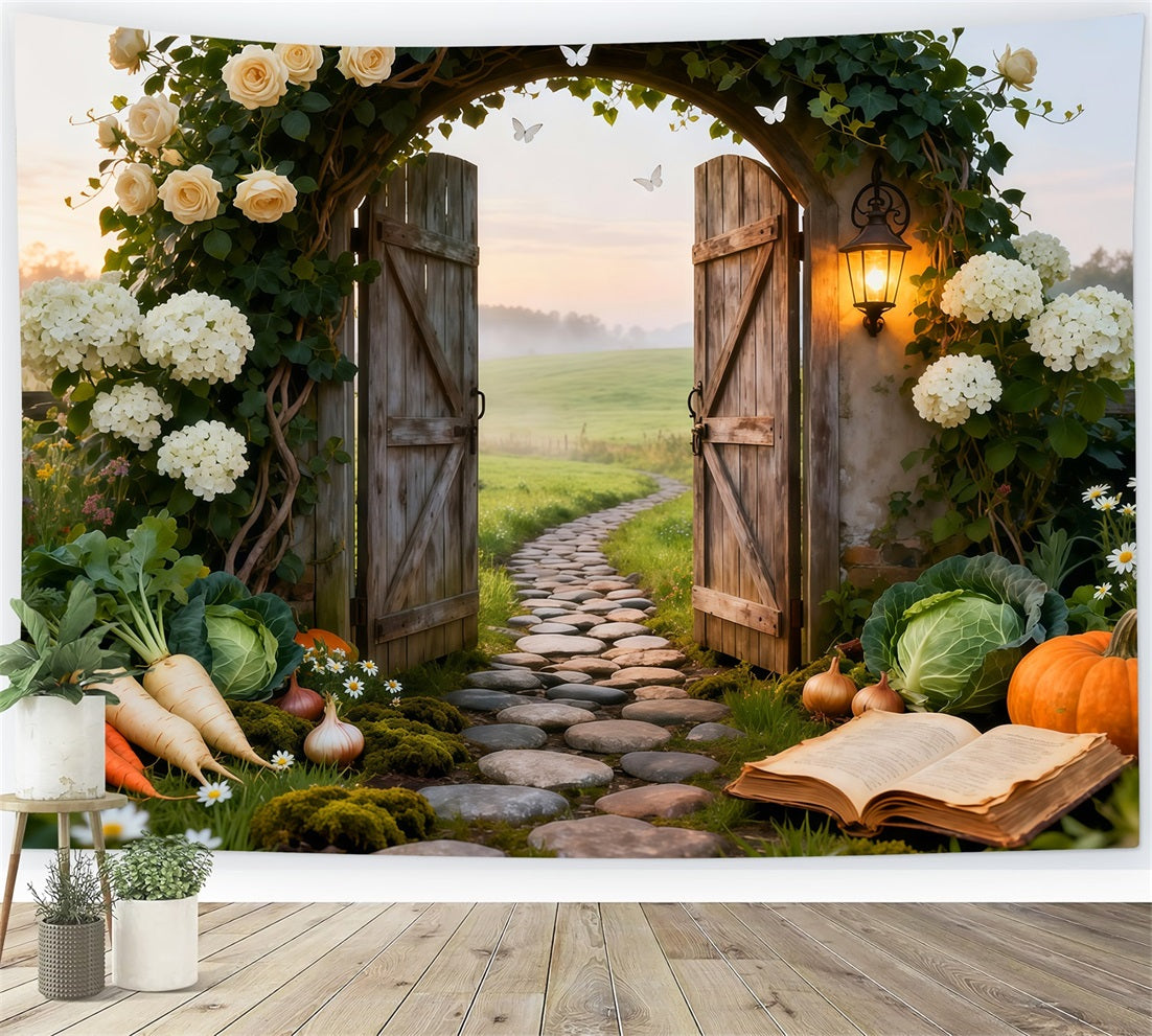 Gartenhintergrund für Fotoshootings Rustikales Bauernhoftor Sonnenaufgang Wiese Frühlingshintergrund für Fotos LXX61-164