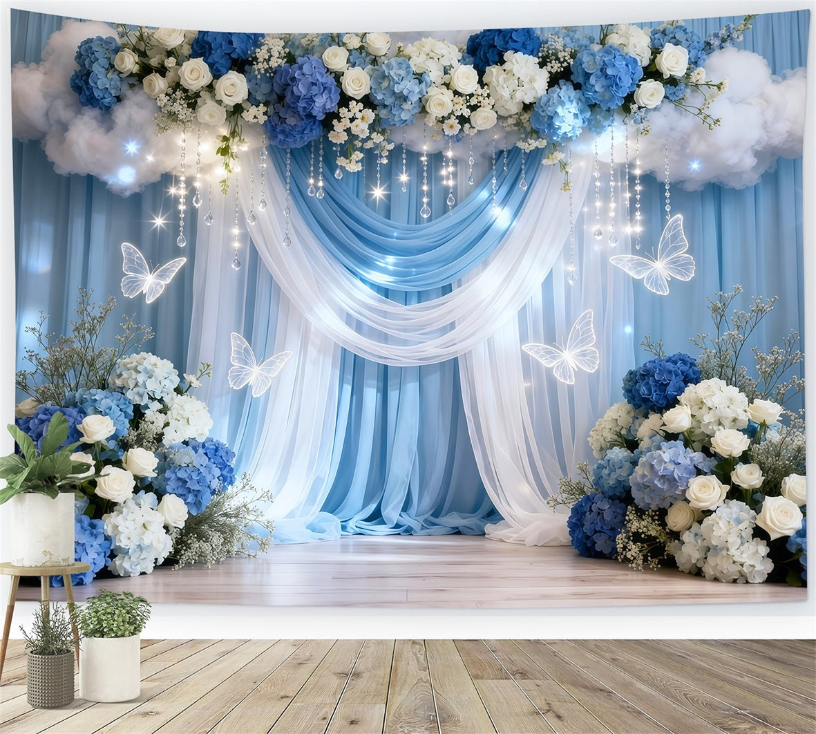 Schmetterlings-Hintergrund Blau-weißer Vorhang Wolkenblume Frühlings-Hintergrund LXX61-169