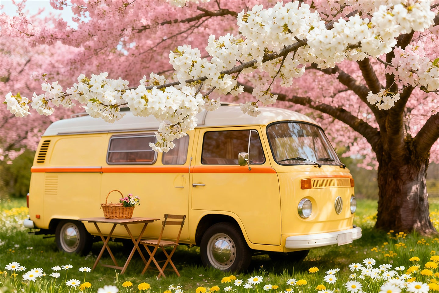 Wildblumen-Fotohintergrund Kirschblüten Camper Picknick Blumenhintergründe für die Fotografie LXX61-184