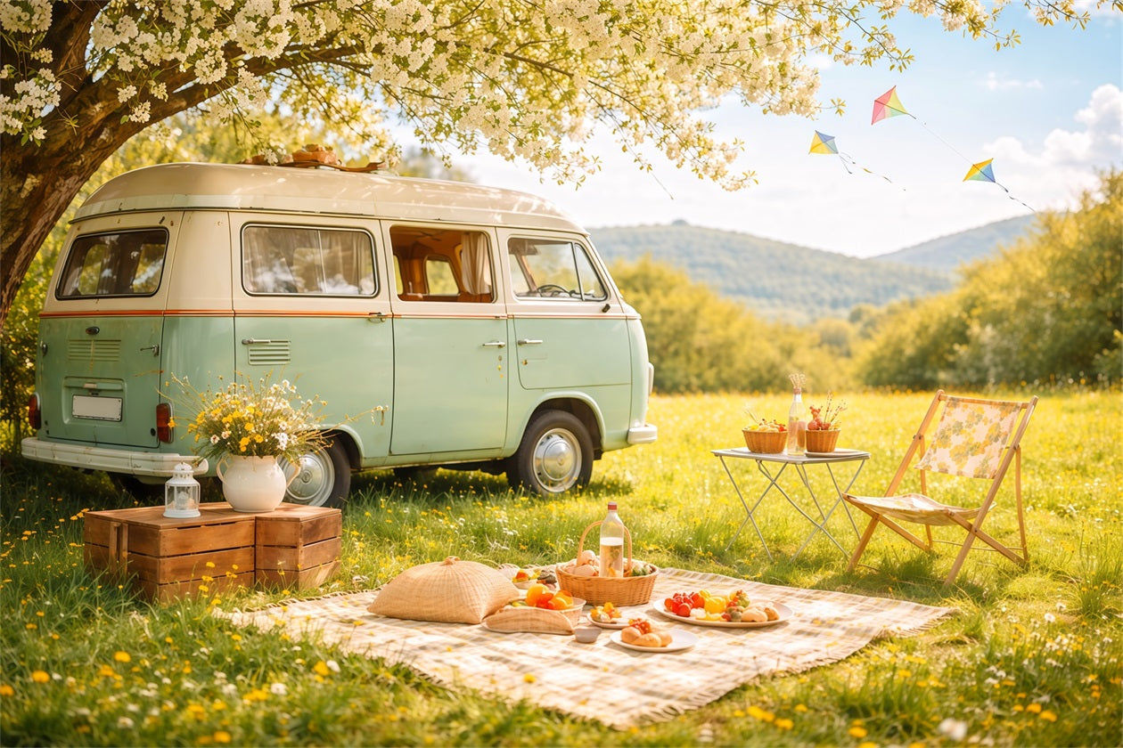 Wildblumen-Fotohintergrund Pastellfarbene Wiese Camper Picknick Blumenhintergründe für die Fotografie LXX61-185