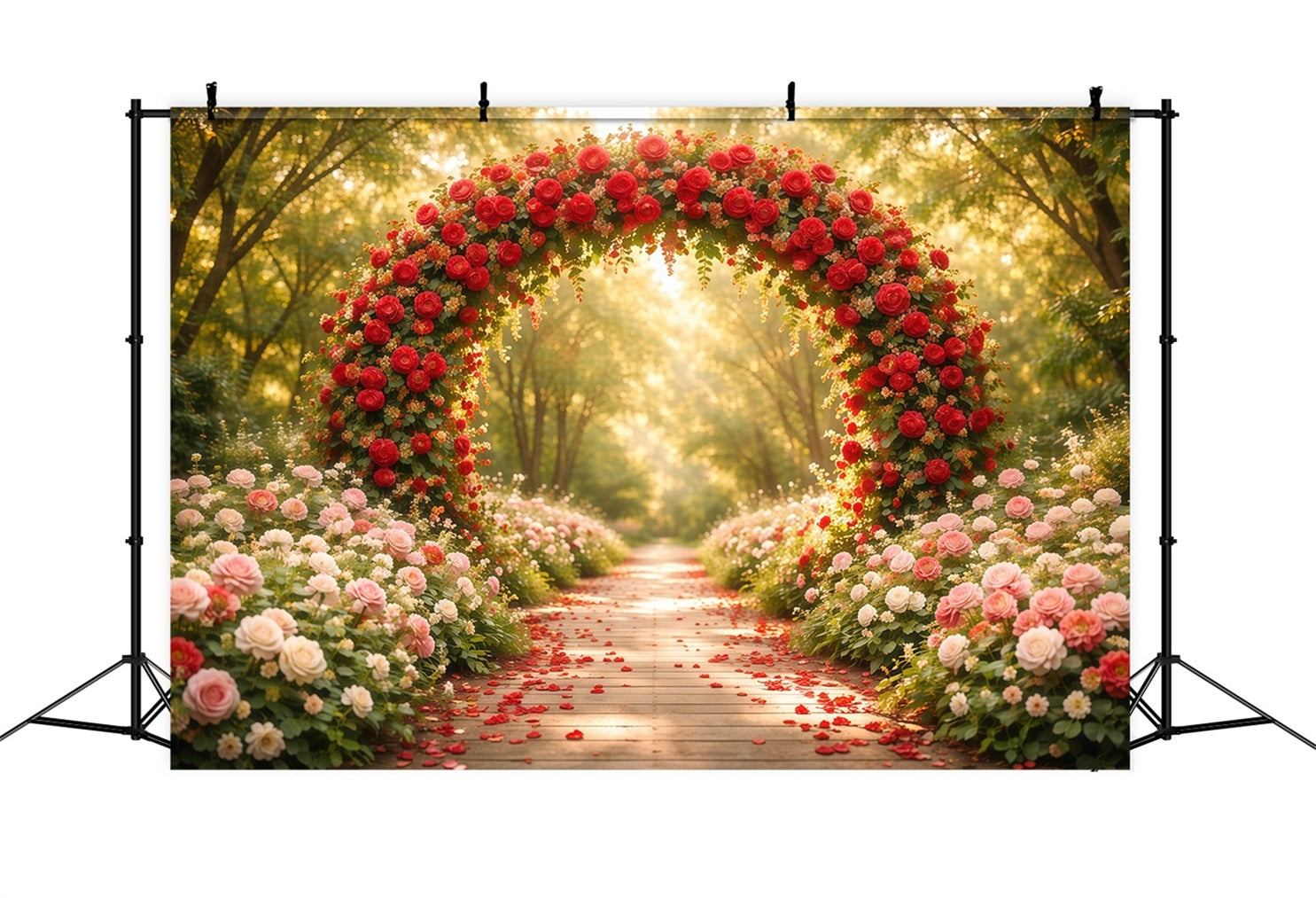 Blumengarten-Hintergrund Rosenbogen Waldweg mit Blütenblättern Blumenhintergrund für die Fotografie LXX61-186
