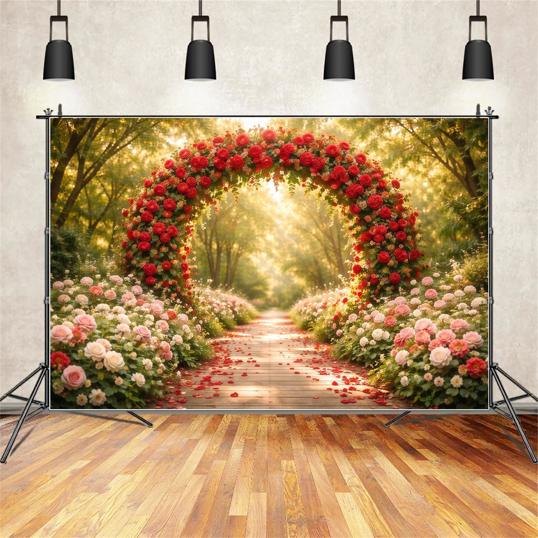 Blumengarten-Hintergrund Rosenbogen Waldweg mit Blütenblättern Blumenhintergrund für die Fotografie LXX61-186
