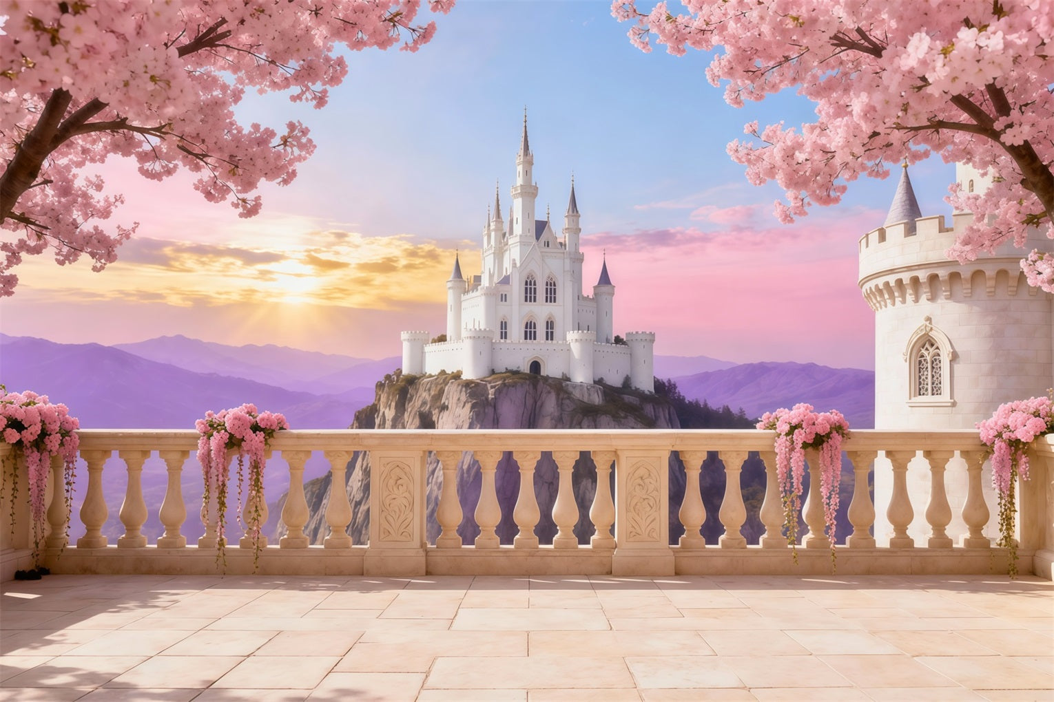 Kirschblüten-Fotohintergrund Schloss Sonnenaufgang Terrasse Blumenhintergrund für Fotografie LXX61-191
