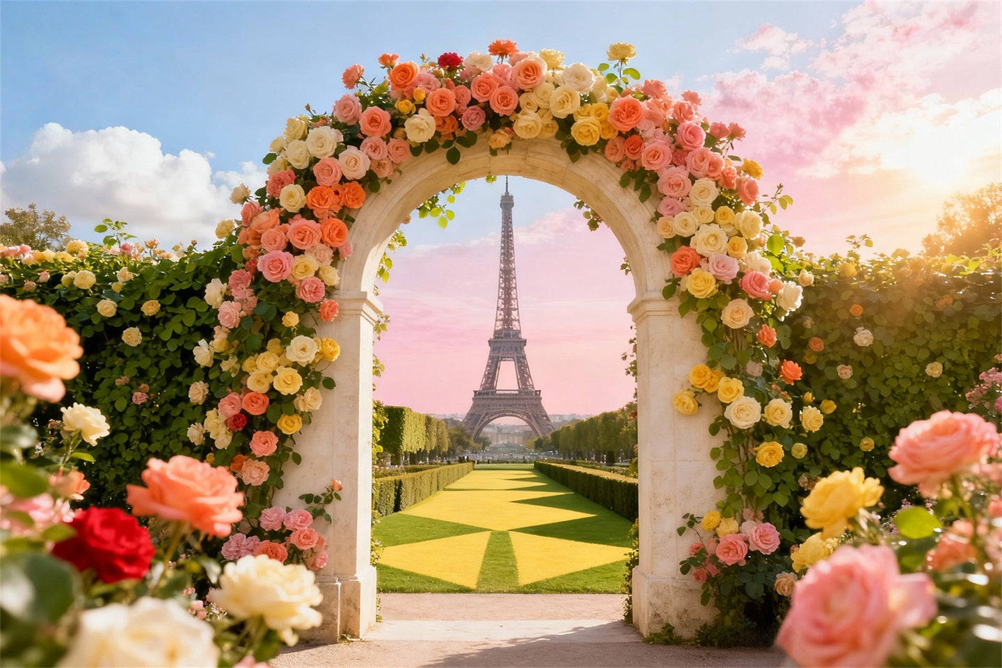 Rosengarten-Hintergrund Eiffelturm Toransicht Fotohintergrund Blumen LXX61-193