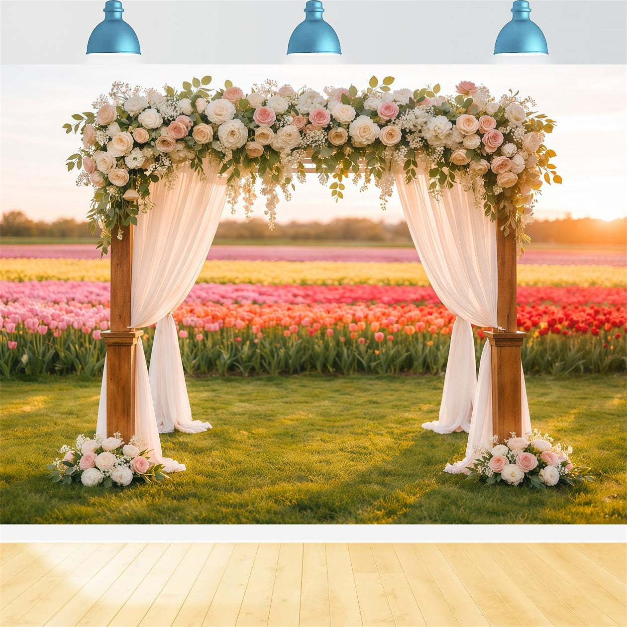 Tulpen-Hintergrund Blumenfeld Hochzeitsbogen Leuchtende Blumen-Foto-Hintergründe LXX61-195