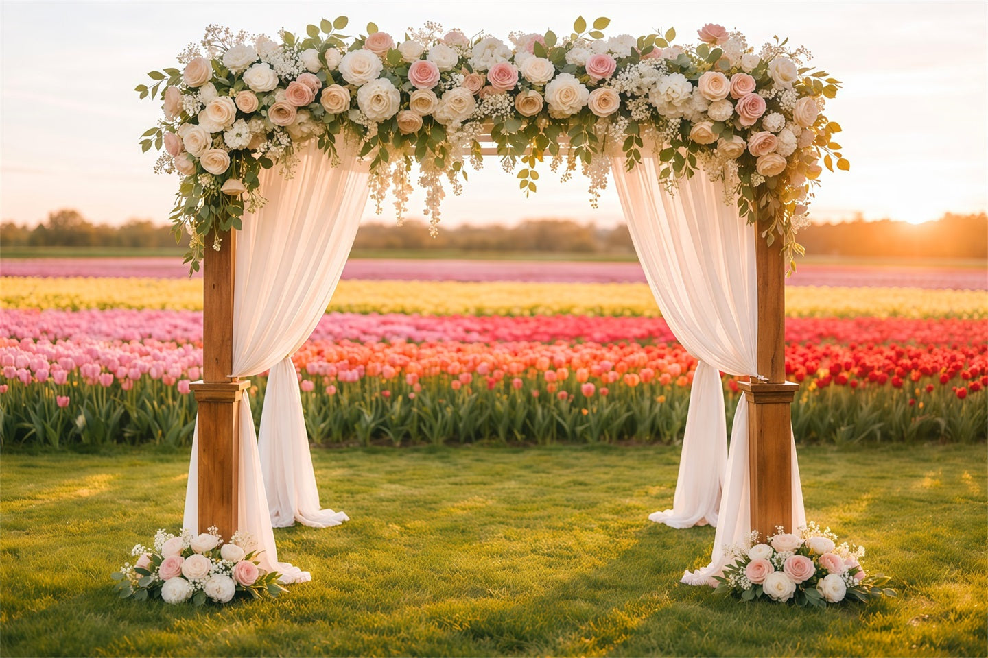 Tulpen-Hintergrund Blumenfeld Hochzeitsbogen Leuchtende Blumen-Foto-Hintergründe LXX61-195