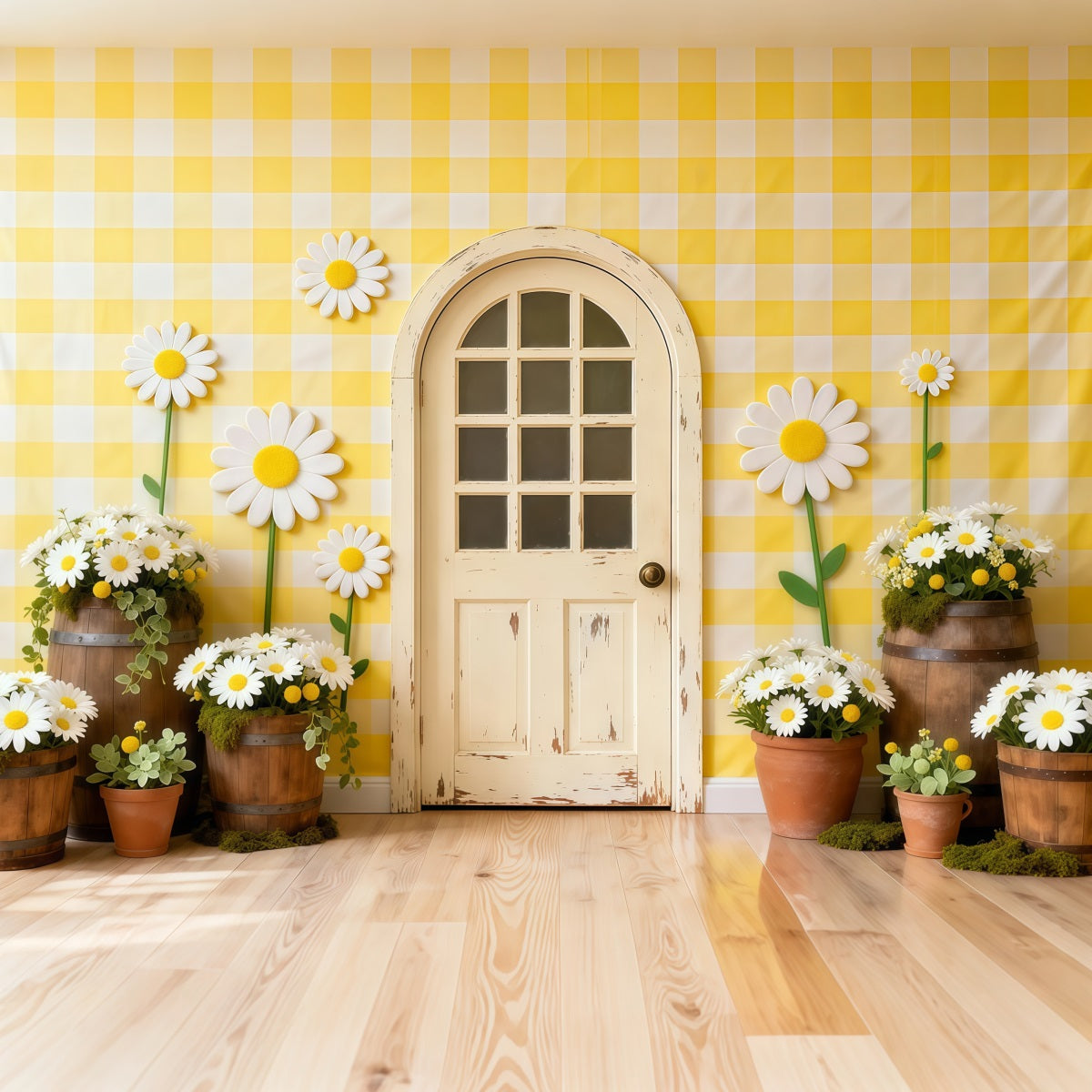 Gänseblümchen-Hintergrund Gingham Cottage Tür Blumenwand Blumengirlanden-Hintergrund LXX61-198