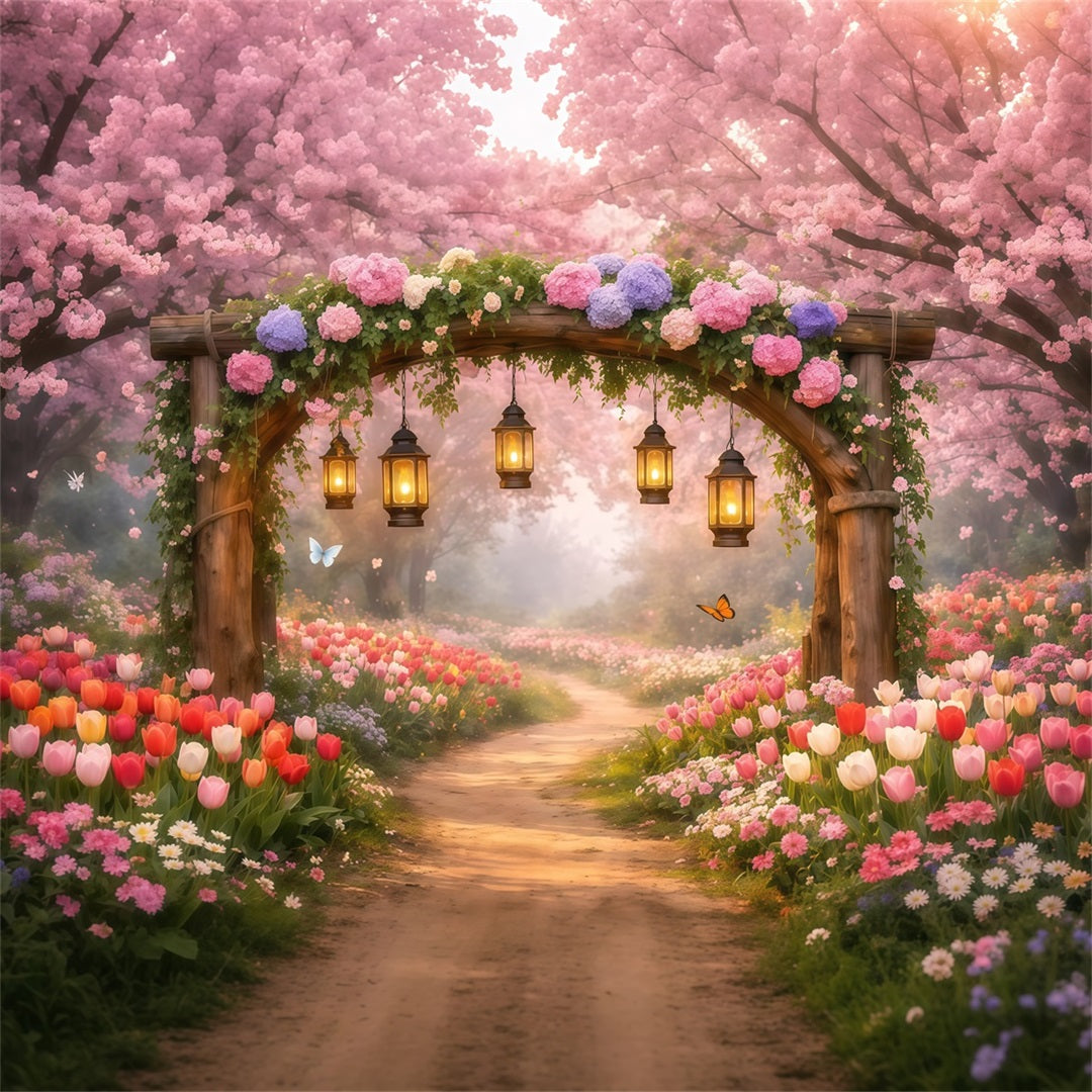 Kirschblüten-Hintergründe Laternen-Garten mit rosa Blumenweg LXX61-202