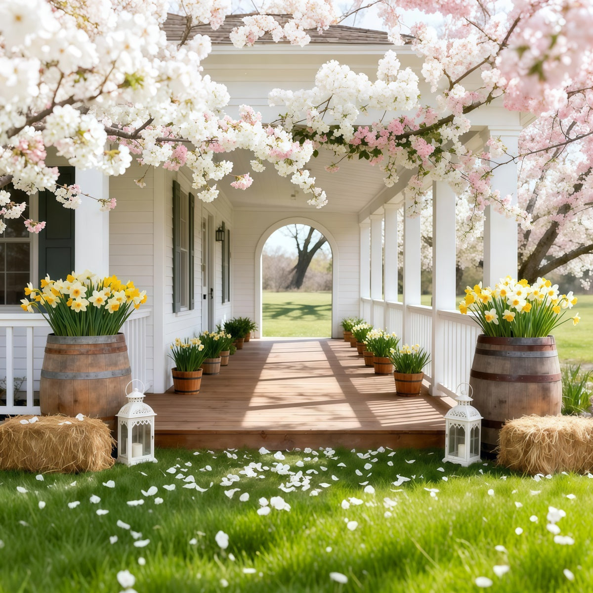 Narzissen-Hintergrund Kirschblüten-Veranda mit Blumenhintergrund für Fotos LXX61-203