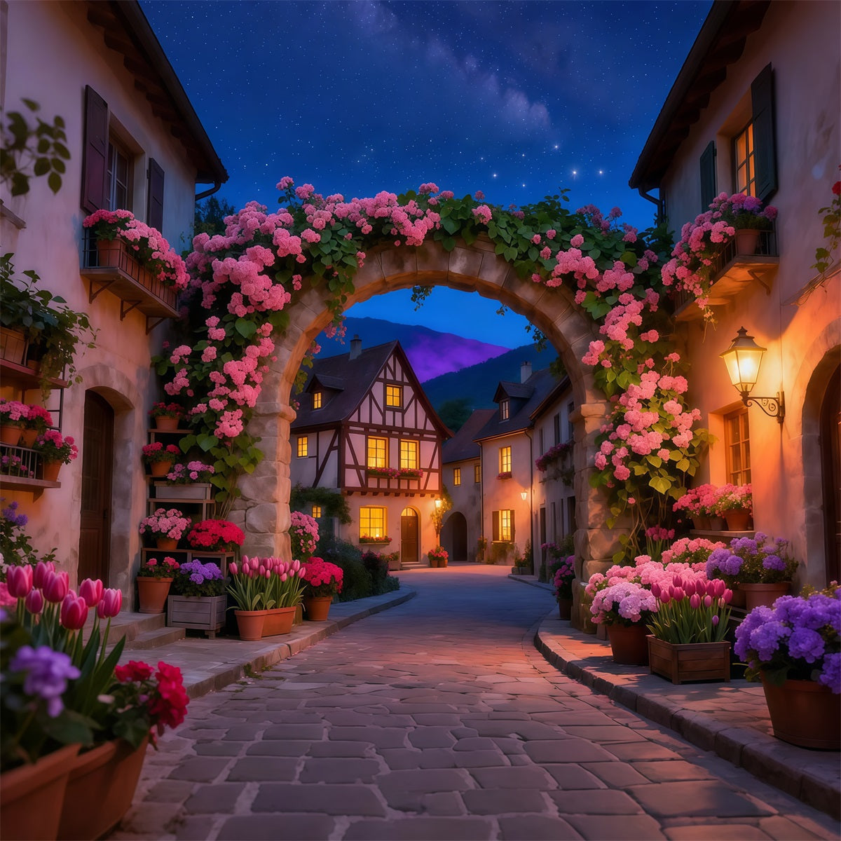 Verzauberter Garten-Fotohintergrund Dämmerungsdorf Blumenbogen Blumenstoff-Hintergrund LXX61-210