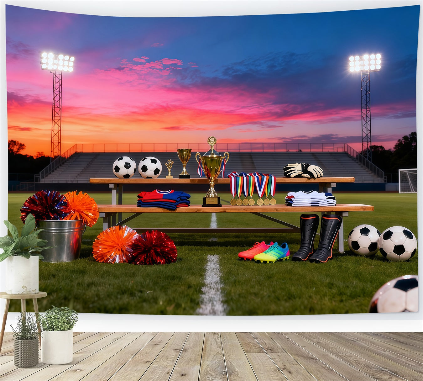 Fußball-Hintergrund Sonnenuntergang Trophäen-Auszeichnung Display Sport-Hintergründe für Fotografie LXX61-225