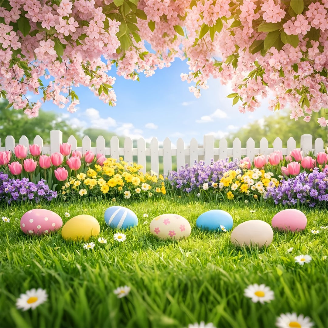 Osterei-Hintergrund Kirschblütengarten Rasen Fotohintergründe Ostern LXX61-35