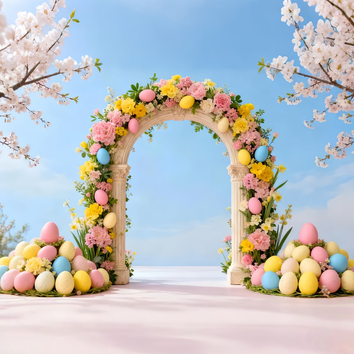 Osterei-Hintergrund Frühlings-Kirschblüten-Blumenbogen Fotohintergründe Ostern LXX61-36