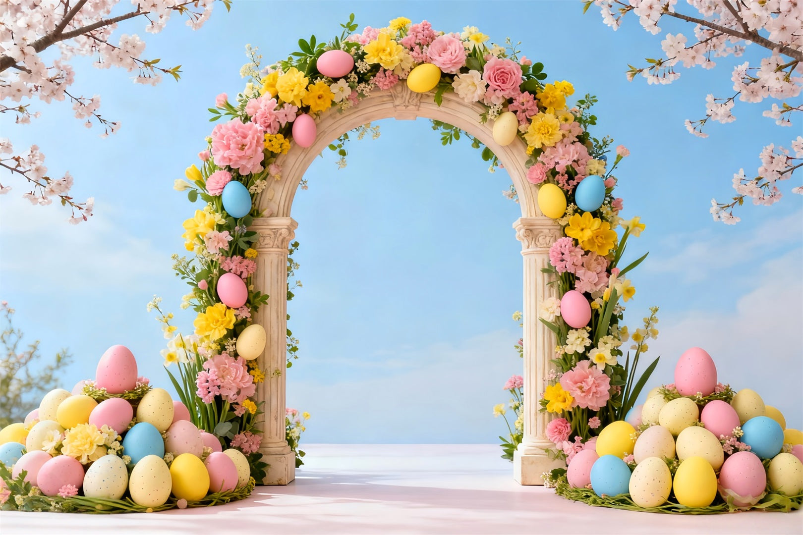 Osterei-Hintergrund Frühlings-Kirschblüten-Blumenbogen Fotohintergründe Ostern LXX61-36
