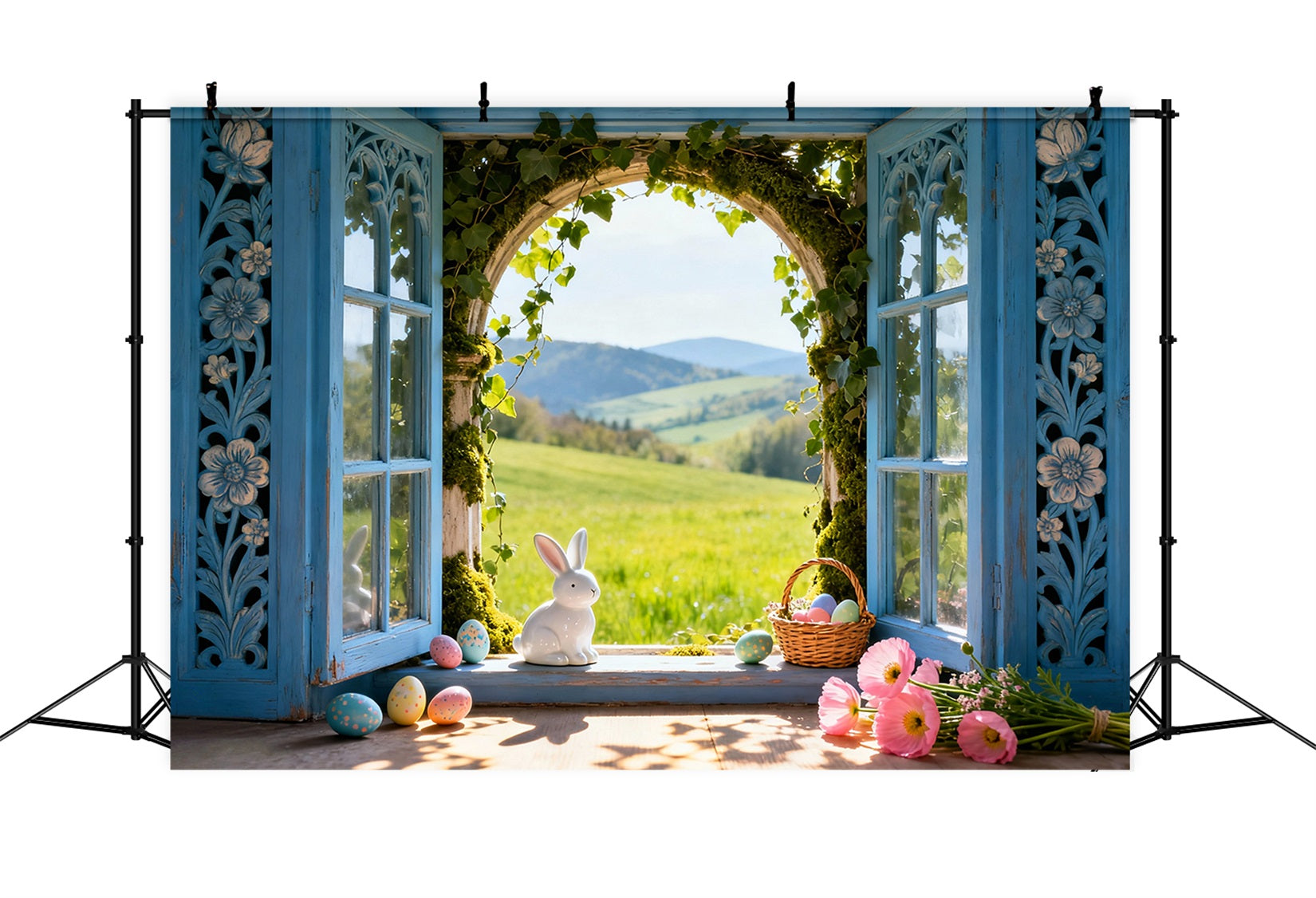 Hase-Fotohintergrund Sonnige Wiese Fenster Eier Fotokabine Oster-Hintergrundideen LXX61-39