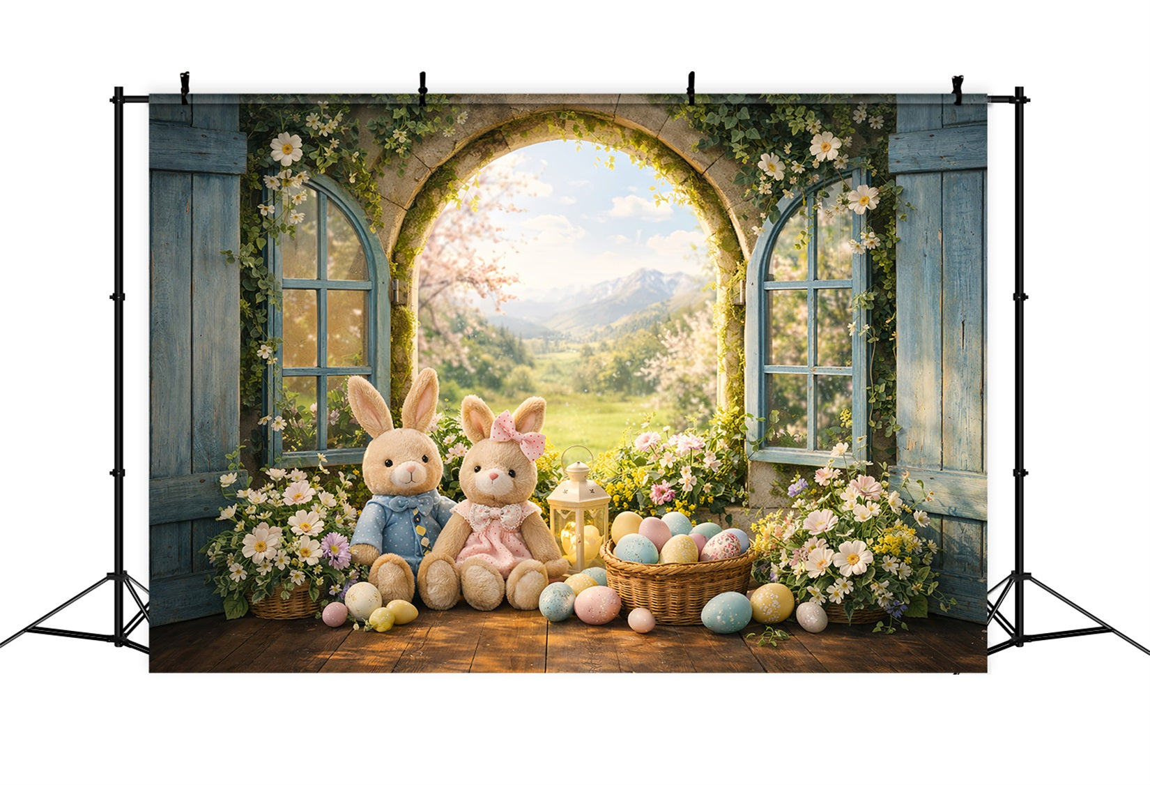 Hase-Fotohintergrund Frühlingsbogenfenster Wildblumen Fotokabine Oster-Hintergrundideen LXX61-40