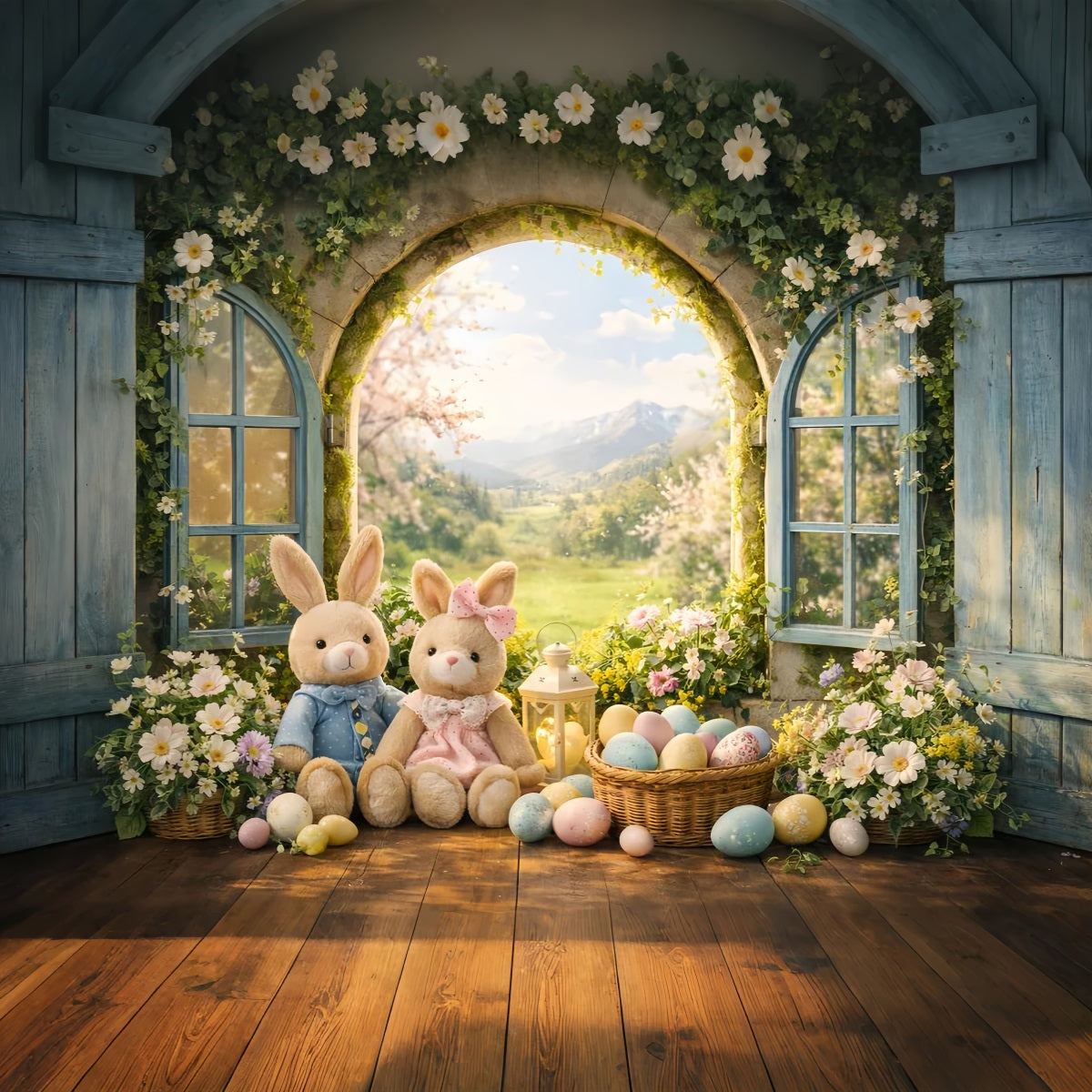 Hase-Fotohintergrund Frühlingsbogenfenster Wildblumen Fotokabine Oster-Hintergrundideen LXX61-40