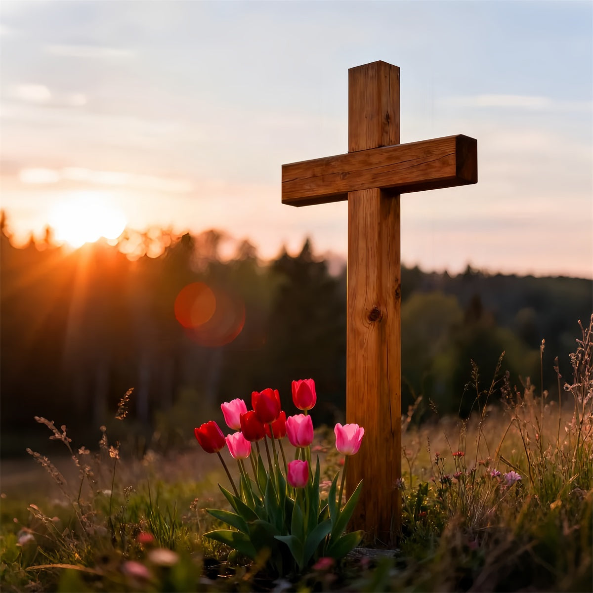 Christliche Oster-Kulissen Holzkreuz Tulpenwiese Oster-Fotokulissen für draußen LXX61-43