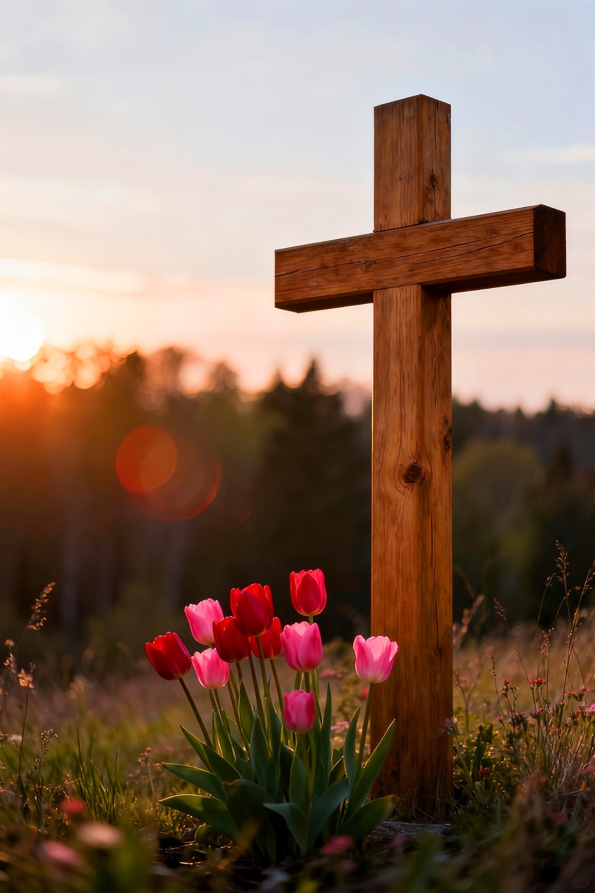 Christliche Oster-Kulissen Holzkreuz Tulpenwiese Oster-Fotokulissen für draußen LXX61-43