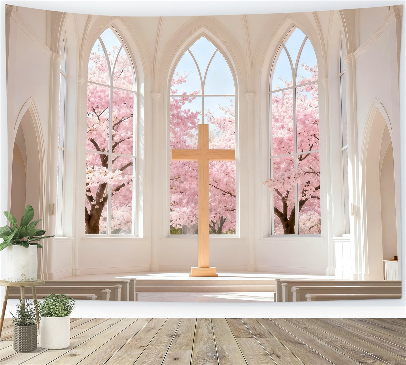 Kirchen-Osterhintergrund Kirschblütenkapelle Kreuz Einfache Osterhintergründe LXX61-46