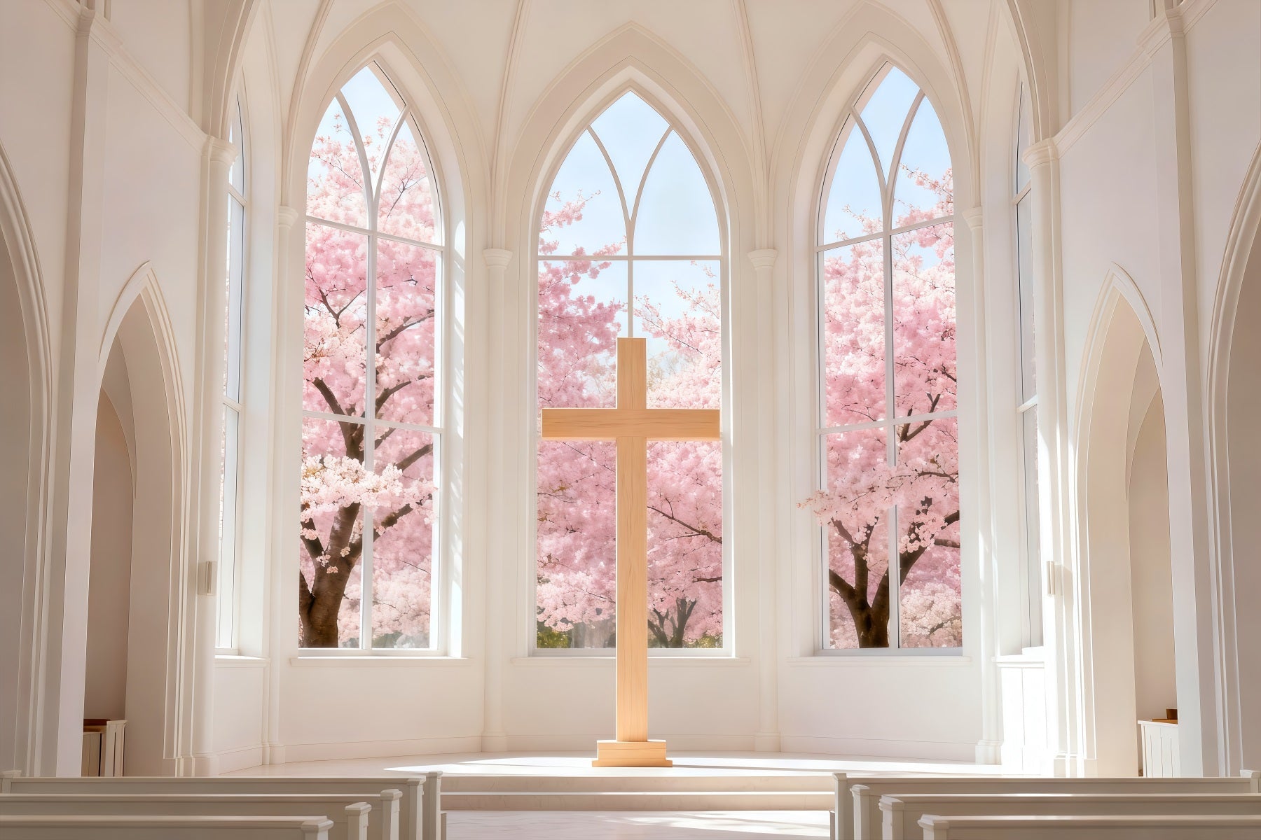 Kirchen-Osterhintergrund Kirschblütenkapelle Kreuz Einfache Osterhintergründe LXX61-46
