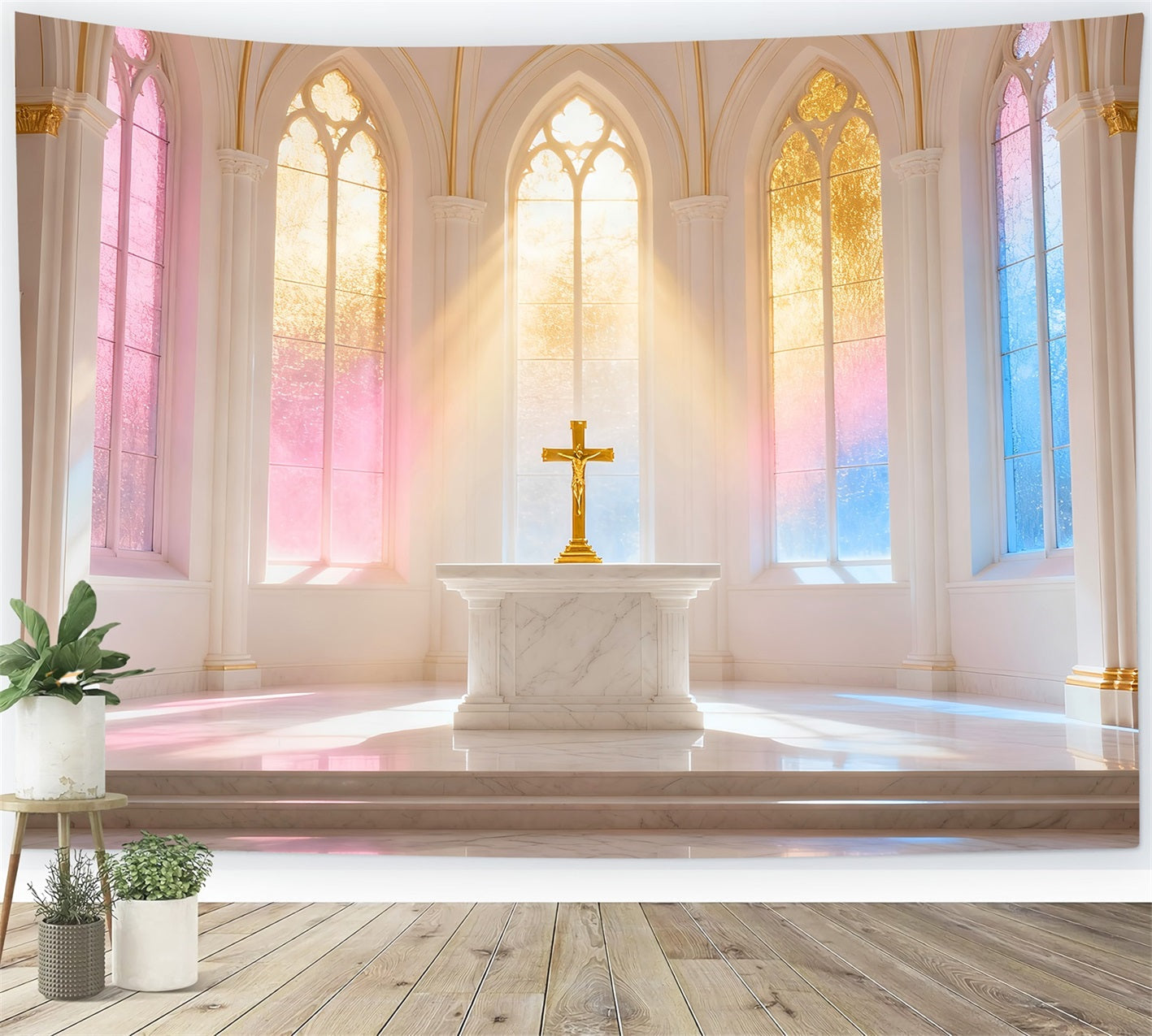 Ideen für Oster-Fotohintergründe für Kirchen Pastellfarbenes strahlendes Kirchenkreuz Osterhintergrund 8x8 LXX61-49