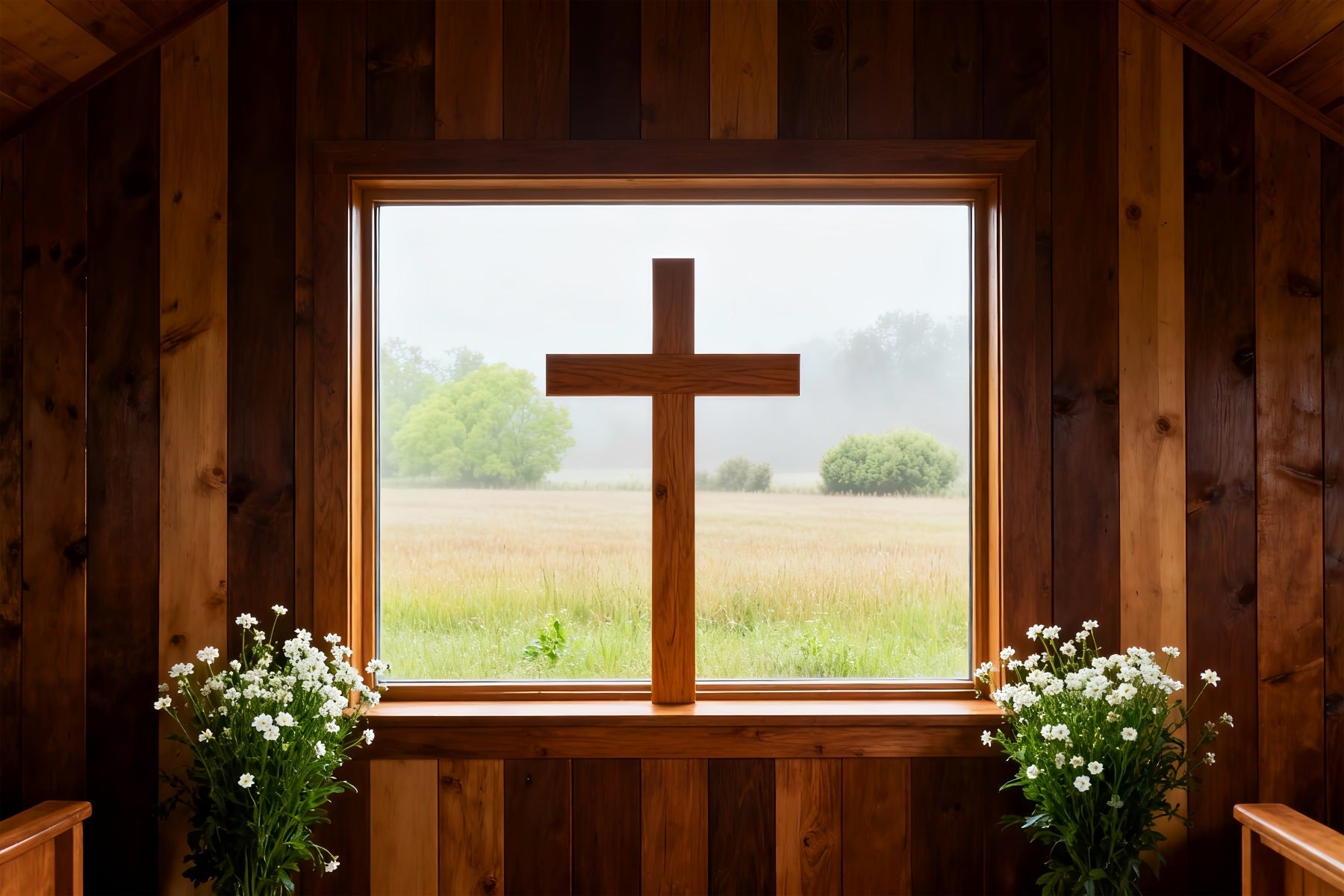 Oster-Kirchenhintergründe Rustikale Holz-Kapelle Fenster Kreuz Großer Osterhintergrund LXX61-58