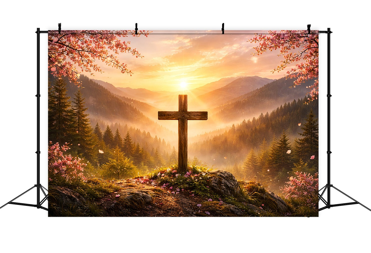 Christlicher Oster-Fotohintergrund Berg Sonnenaufgang Kreuz Herrlichkeit Einfache Osterhintergrund-Ideen LXX61-60