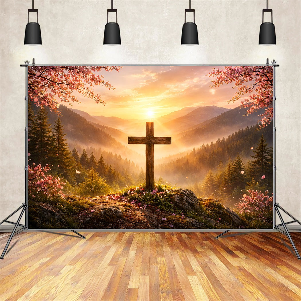 Christlicher Oster-Fotohintergrund Berg Sonnenaufgang Kreuz Herrlichkeit Einfache Osterhintergrund-Ideen LXX61-60
